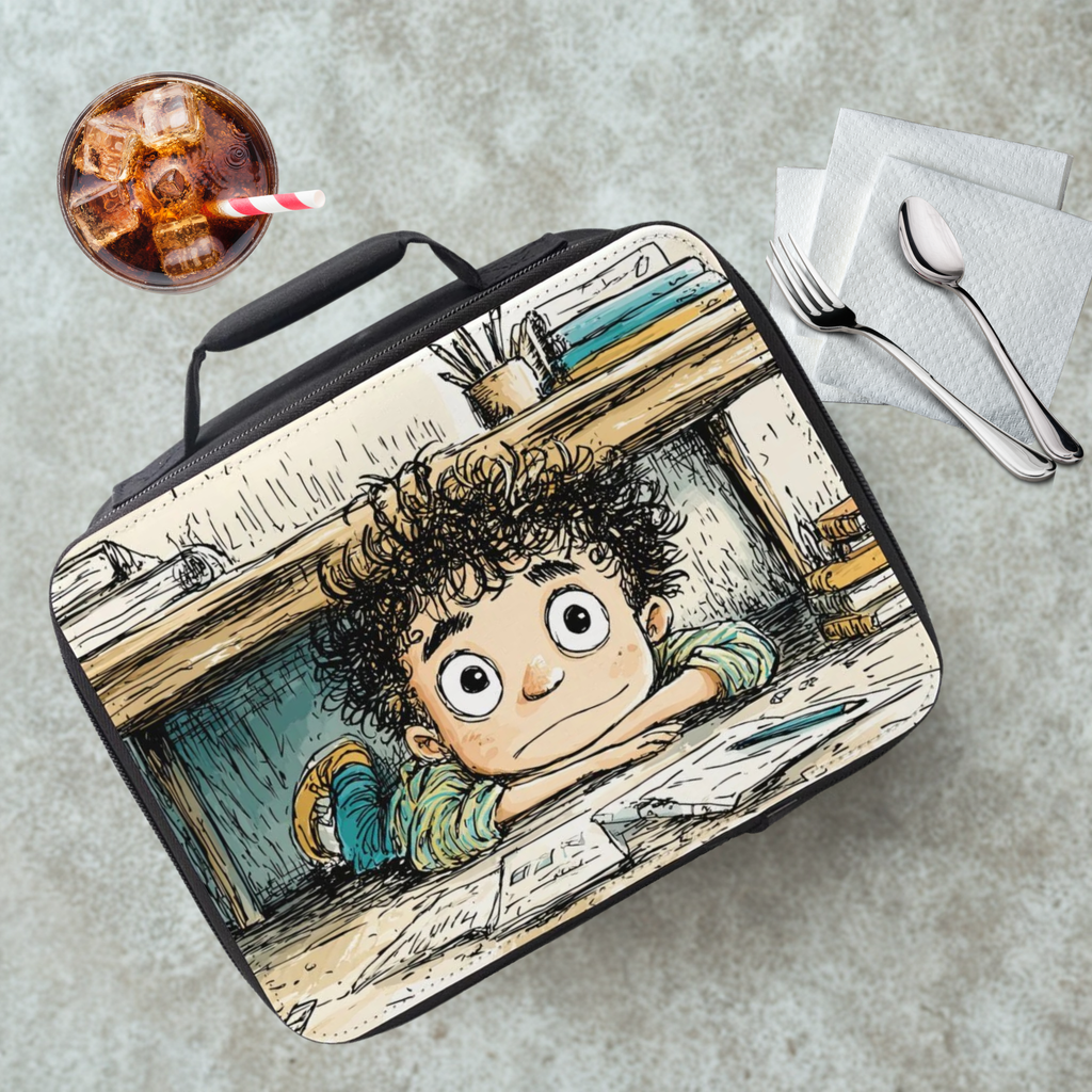 Lunch bag with a cartoon design of a boy peeking out from under a desk, placed on a cafeteria table with a drink and utensils.
