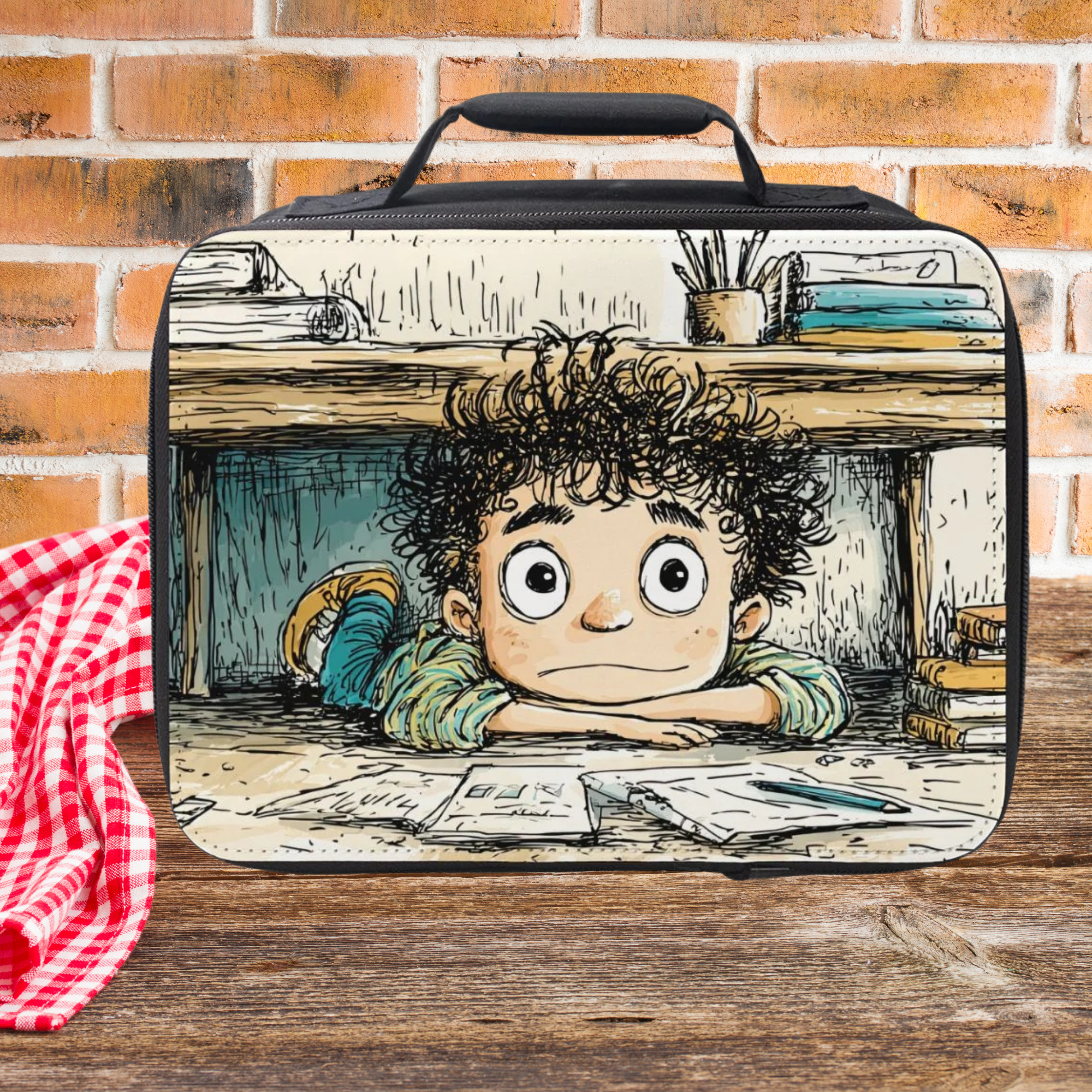 Lunch bag with a cartoon design of a boy under a desk on a picnic table against a brick wall background