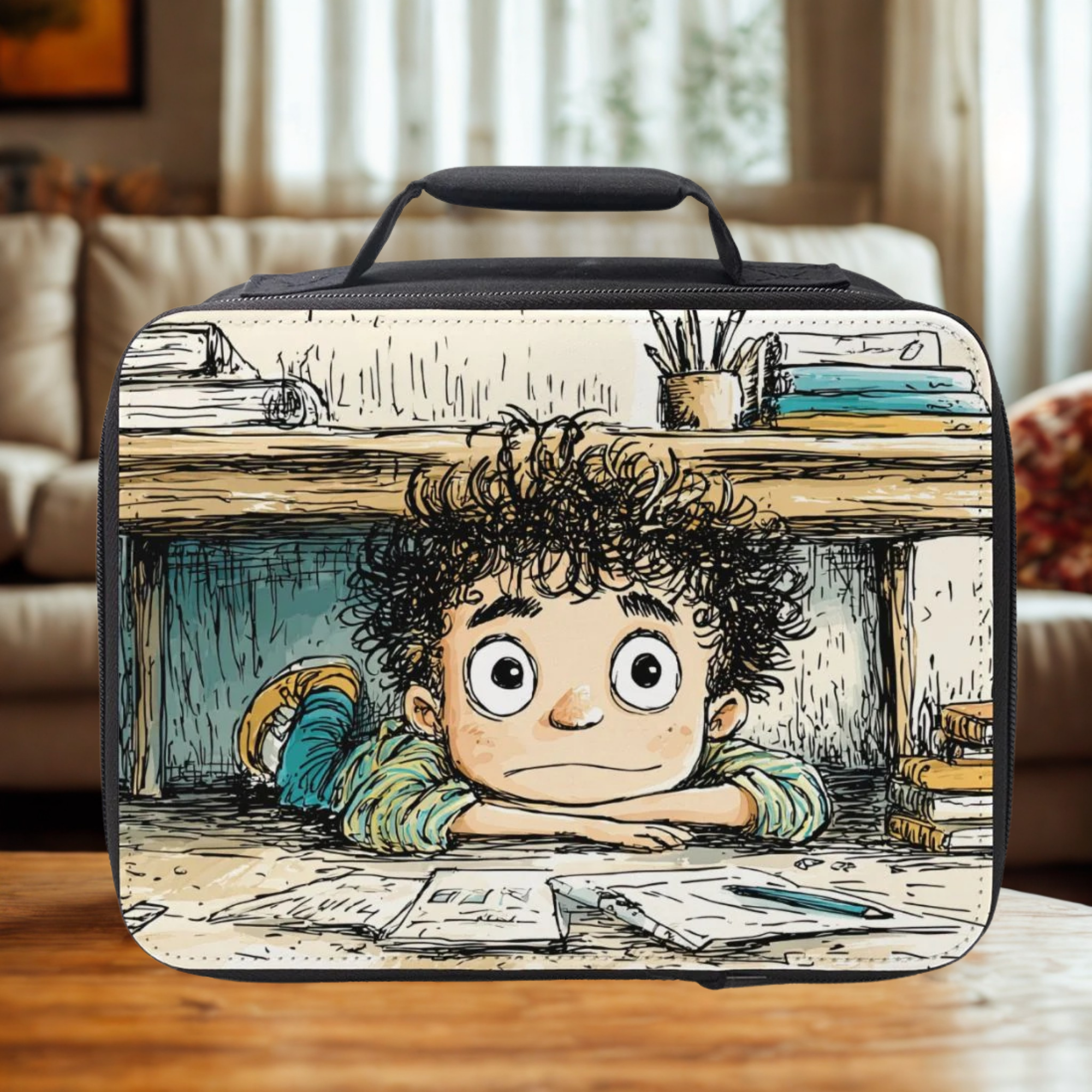 Lunch bag with a cartoon design of a boy under a desk in a classroom setting on a table in a living room.