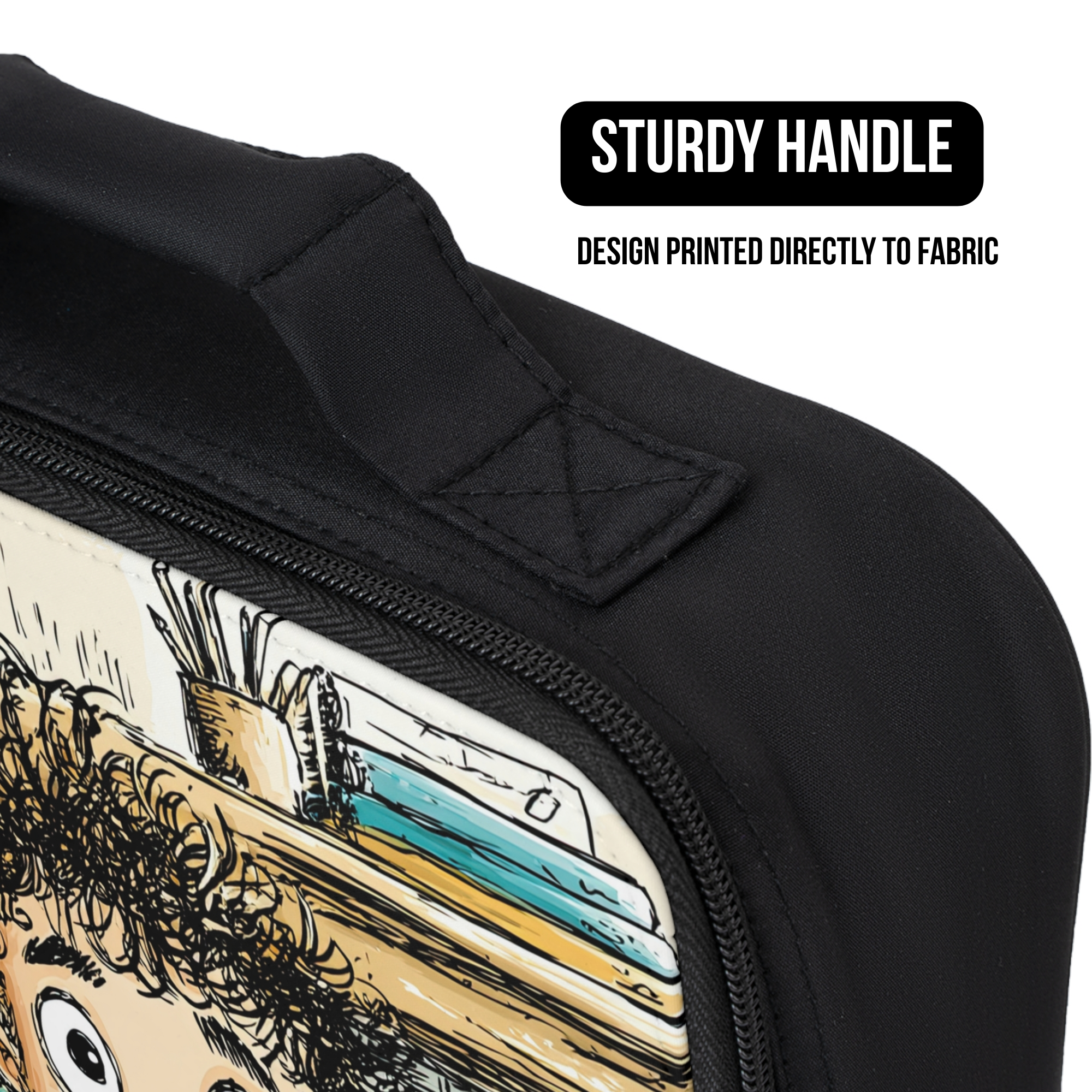 Black lunch bag with a printed design of a person with a desk behind them, featuring a sturdy handle.