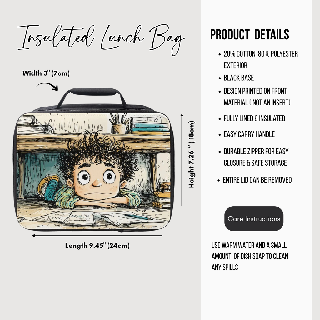 Insulated lunch bag with cartoon design of a child peeking from under a desk, featuring product details on a white background.