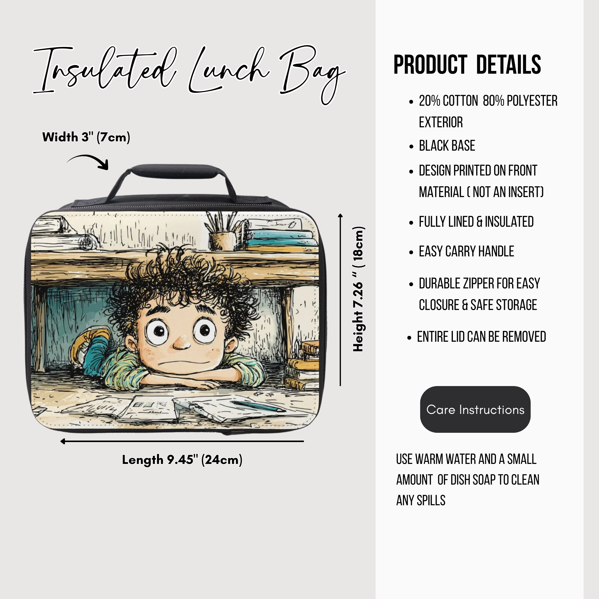 Insulated lunch bag with cartoon design of a child peeking from under a desk, featuring product details on a white background.