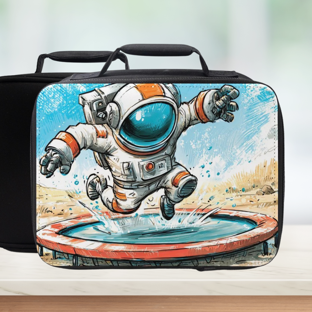 Black lunch bag with a cartoon astronaut design on a white background