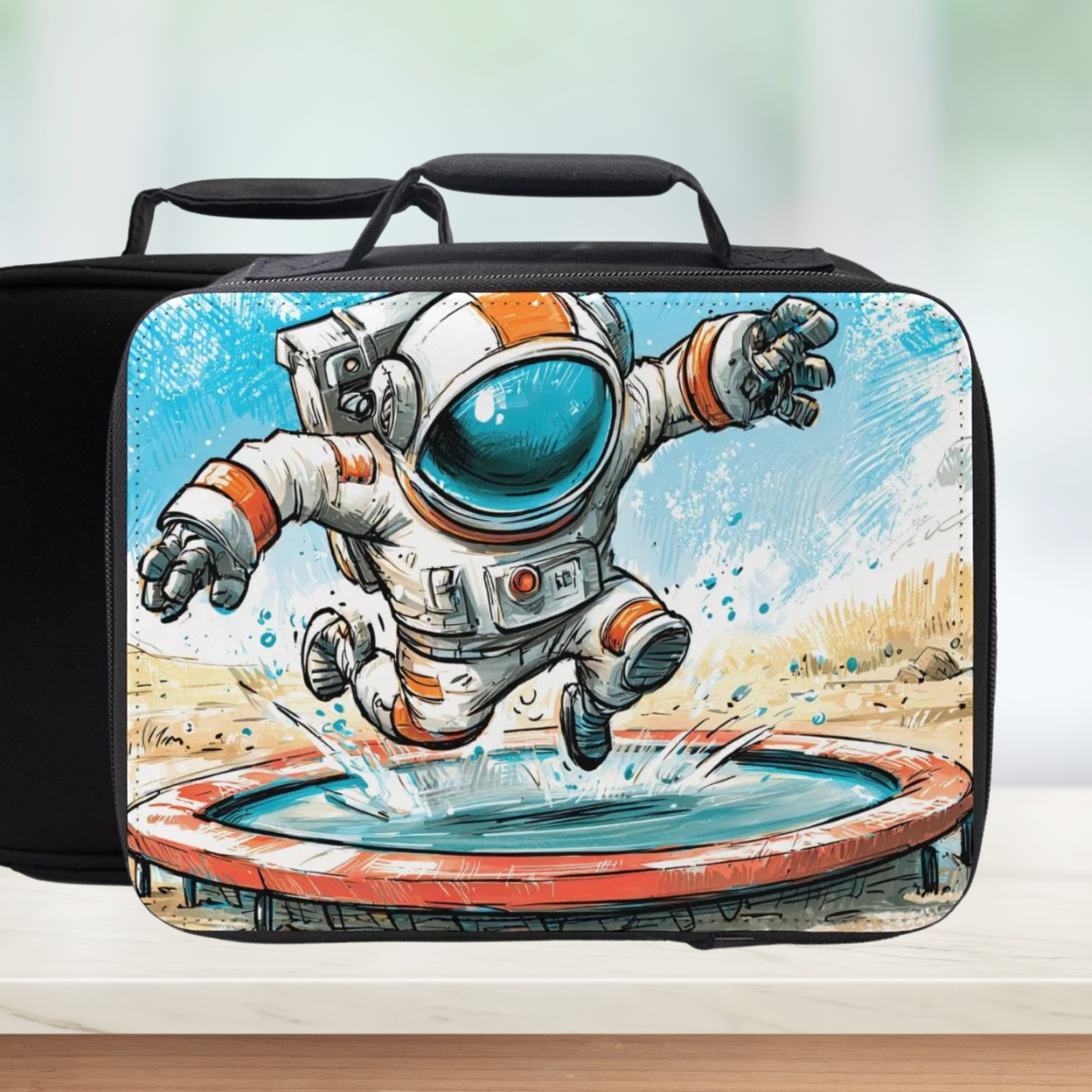 Black lunch bag with a cartoon astronaut design on a white background
