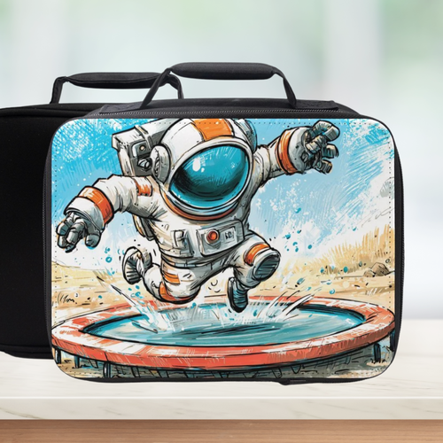 Black lunch bag with a cartoon astronaut design on a white background