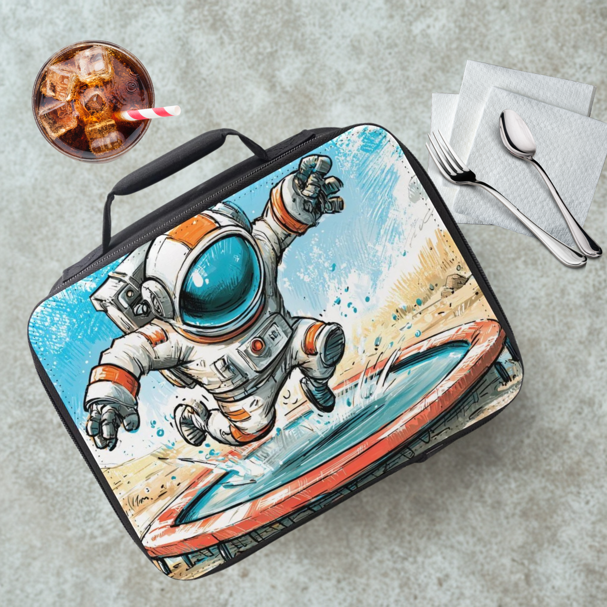 Lunch bag with an astronaut design on a cafeteria table with a drink and utensils.
