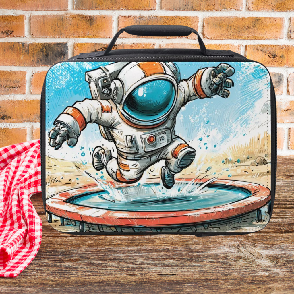 Lunch bag with an astronaut design on a wooden picnic table and brick wall background