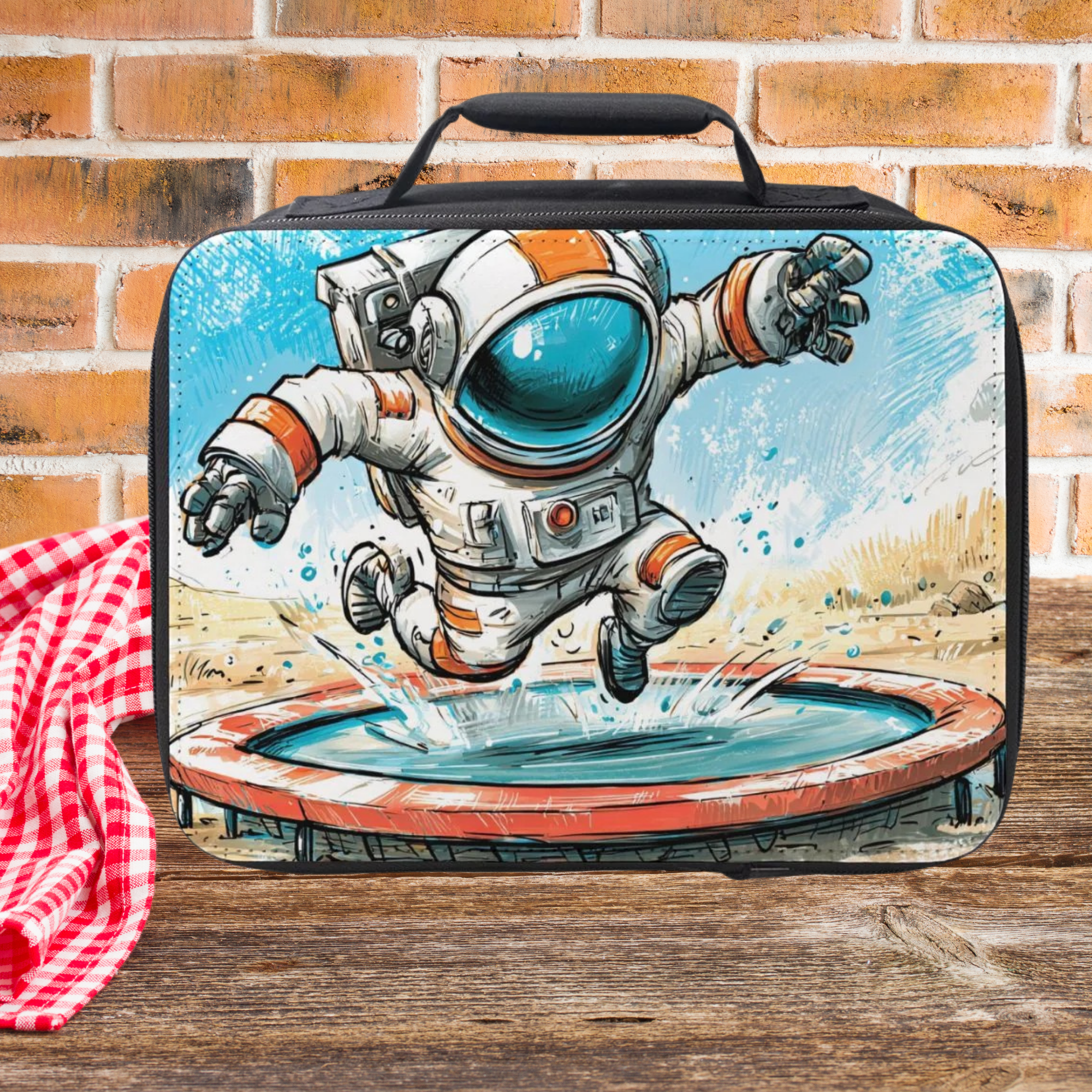 Lunch bag with an astronaut design on a wooden picnic table and brick wall background