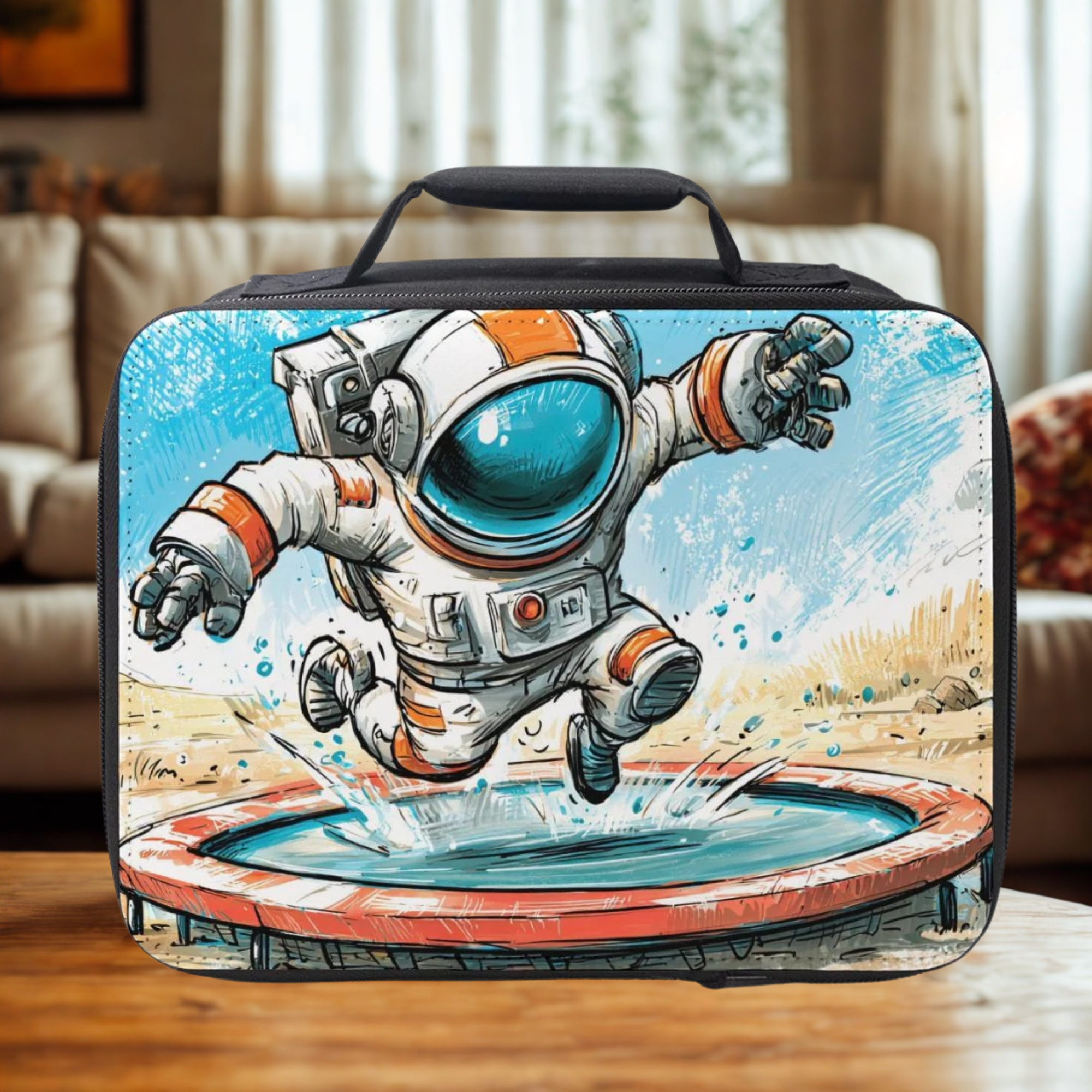  insulated lunch bag with an astronaut design on a wooden coffee table in a living room.
