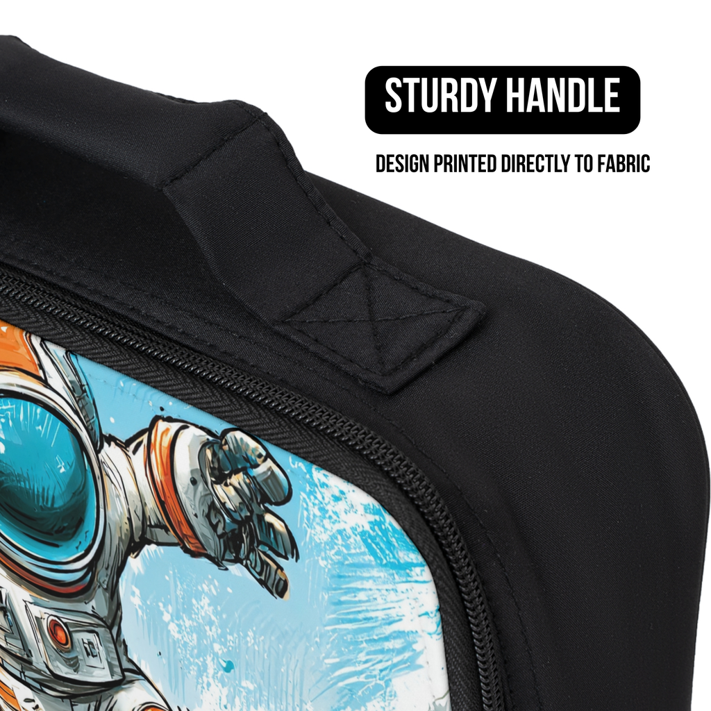 Black lunch bag with astronaut design printed directly to fabric and 'Sturdy Handle' text on a white background