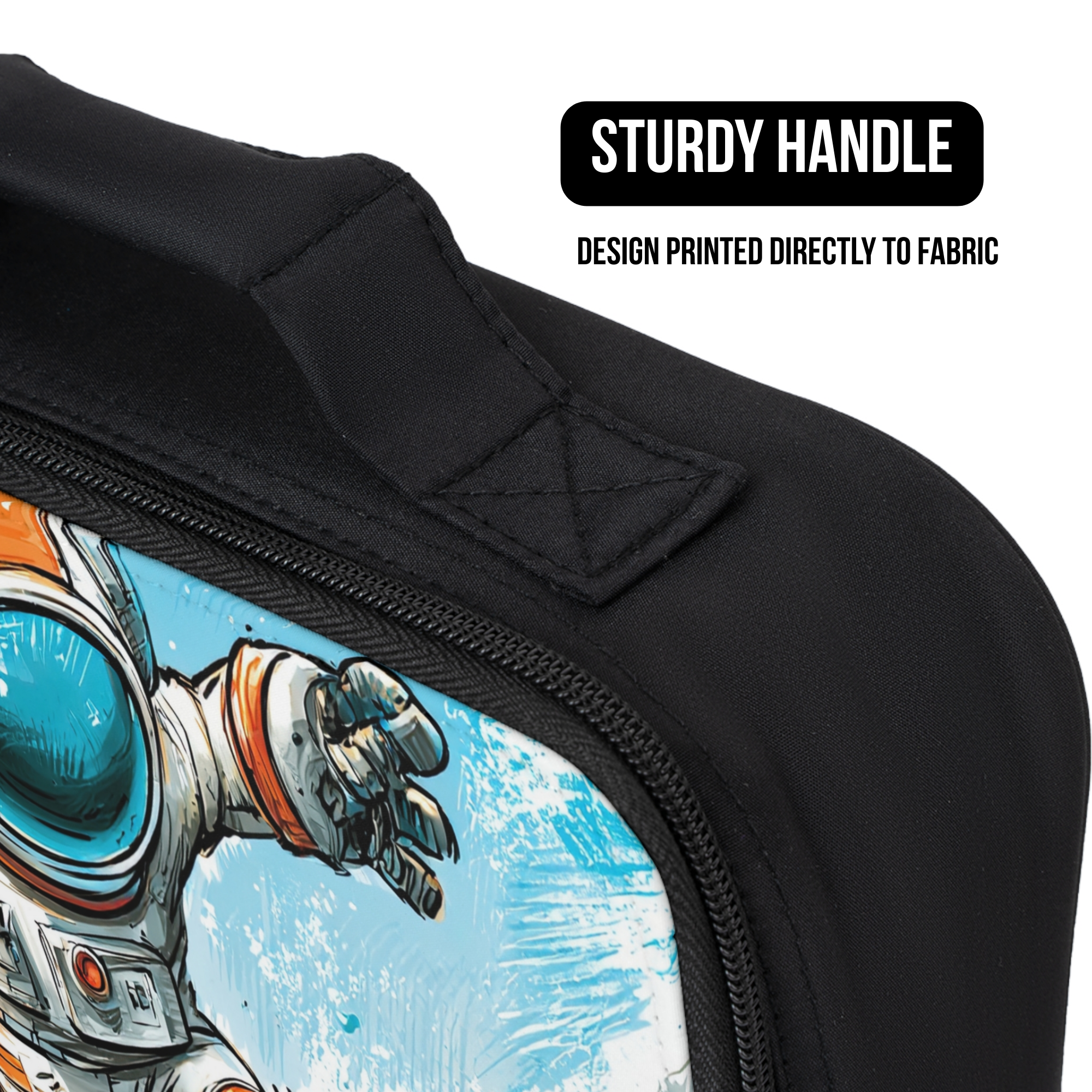 Black lunch bag with astronaut design printed directly to fabric and 'Sturdy Handle' text on a white background