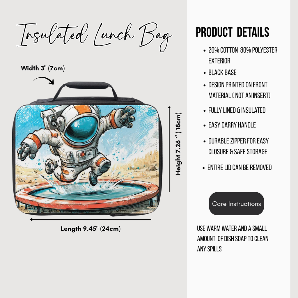 Insulated lunch bag with a cartoon astronaut design and product details on a white background