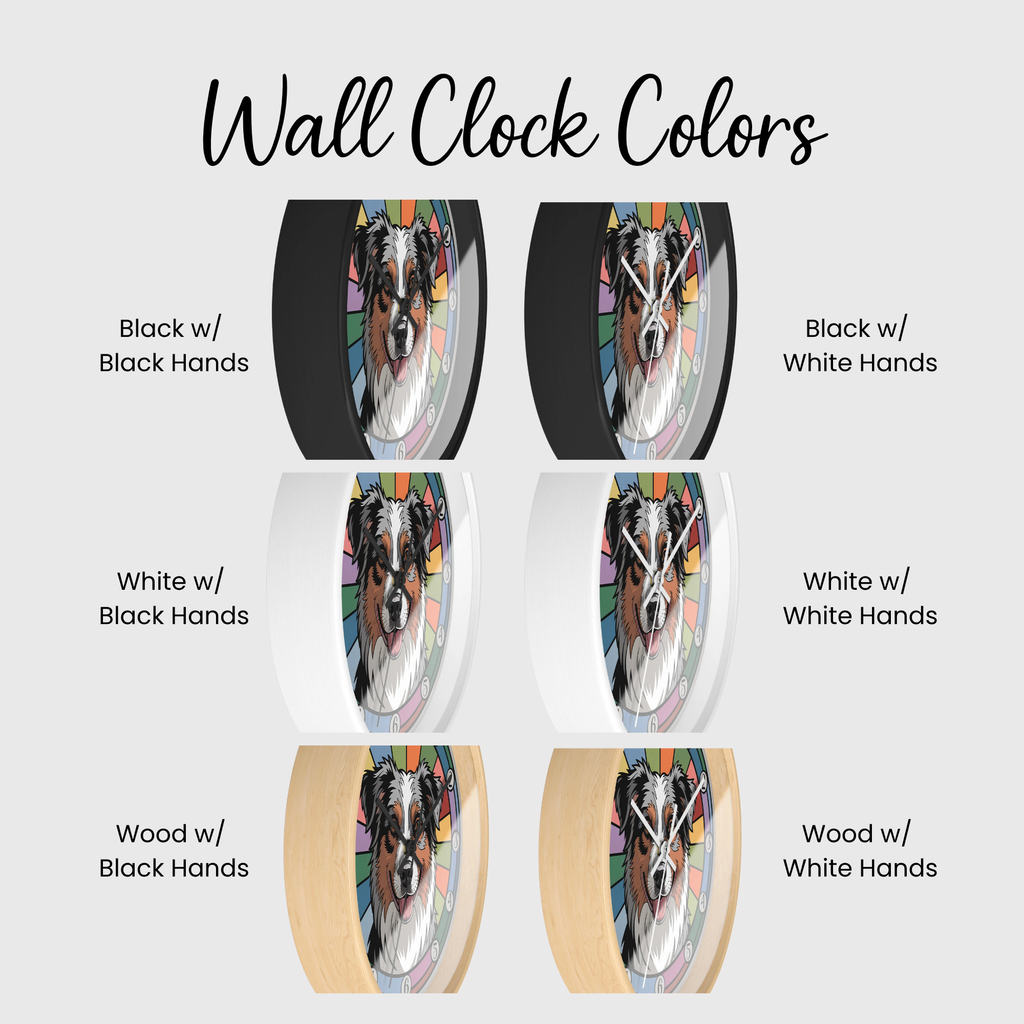 Wall clock color options with Australian Shepherd dog design on a white background