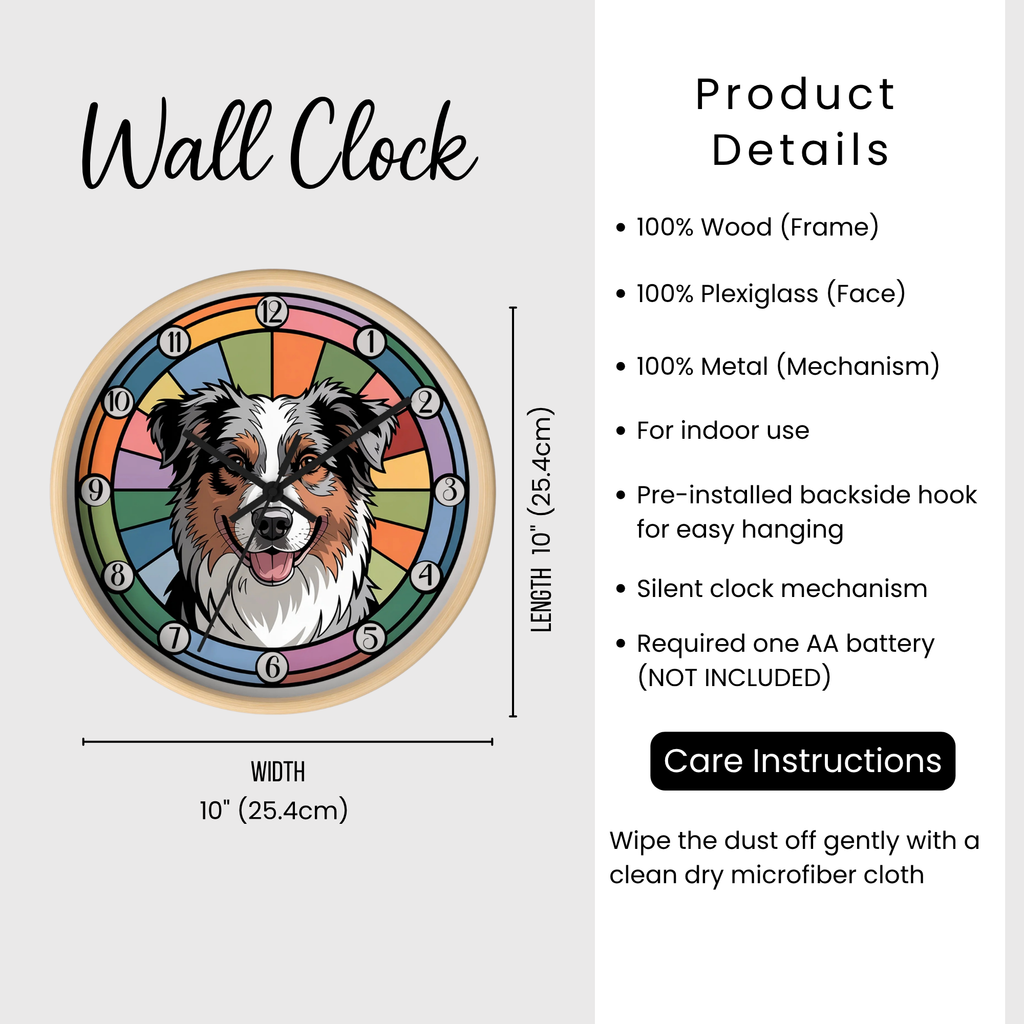 Wall clock with dog illustration and product details on a white background