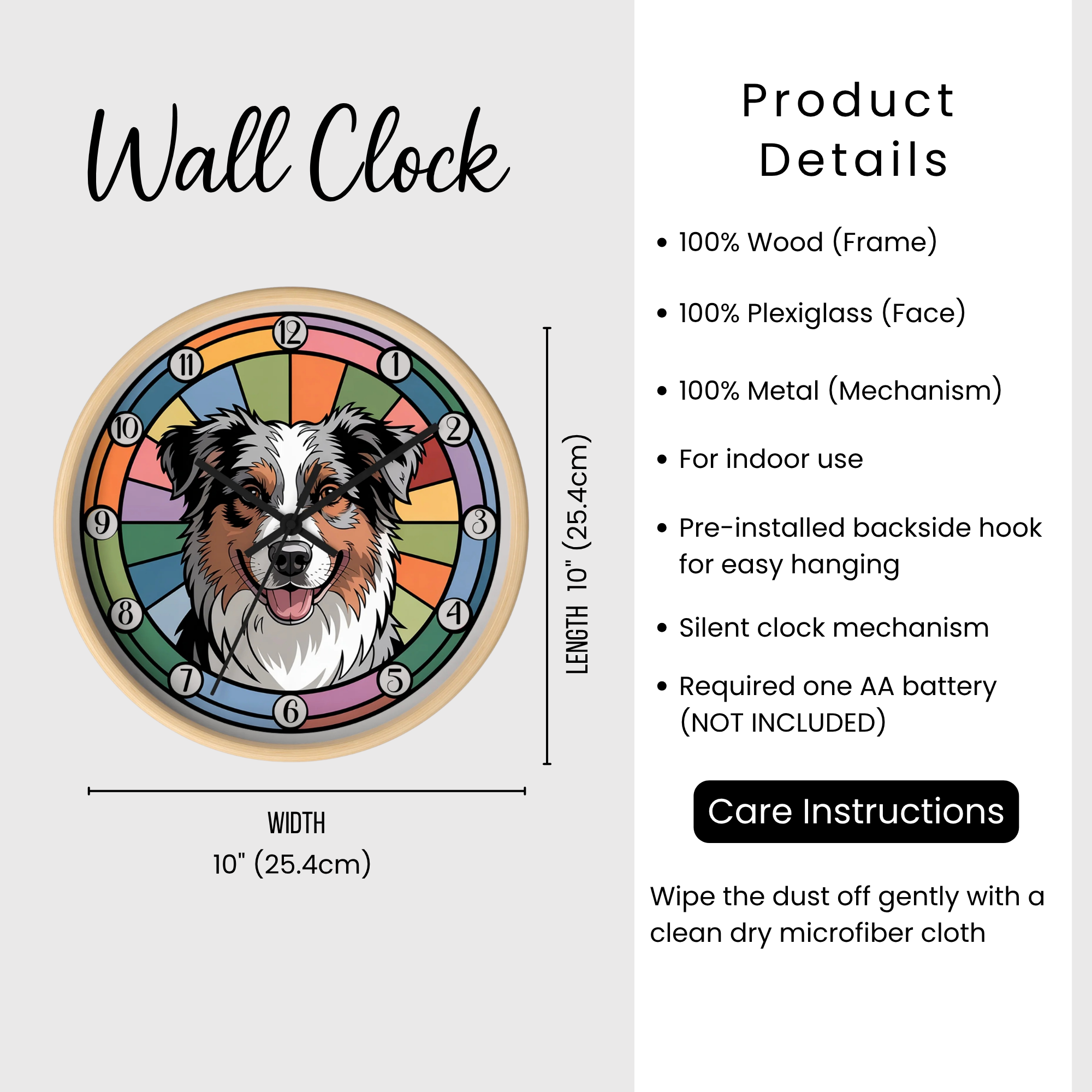 Wall clock with dog illustration and product details on a white background