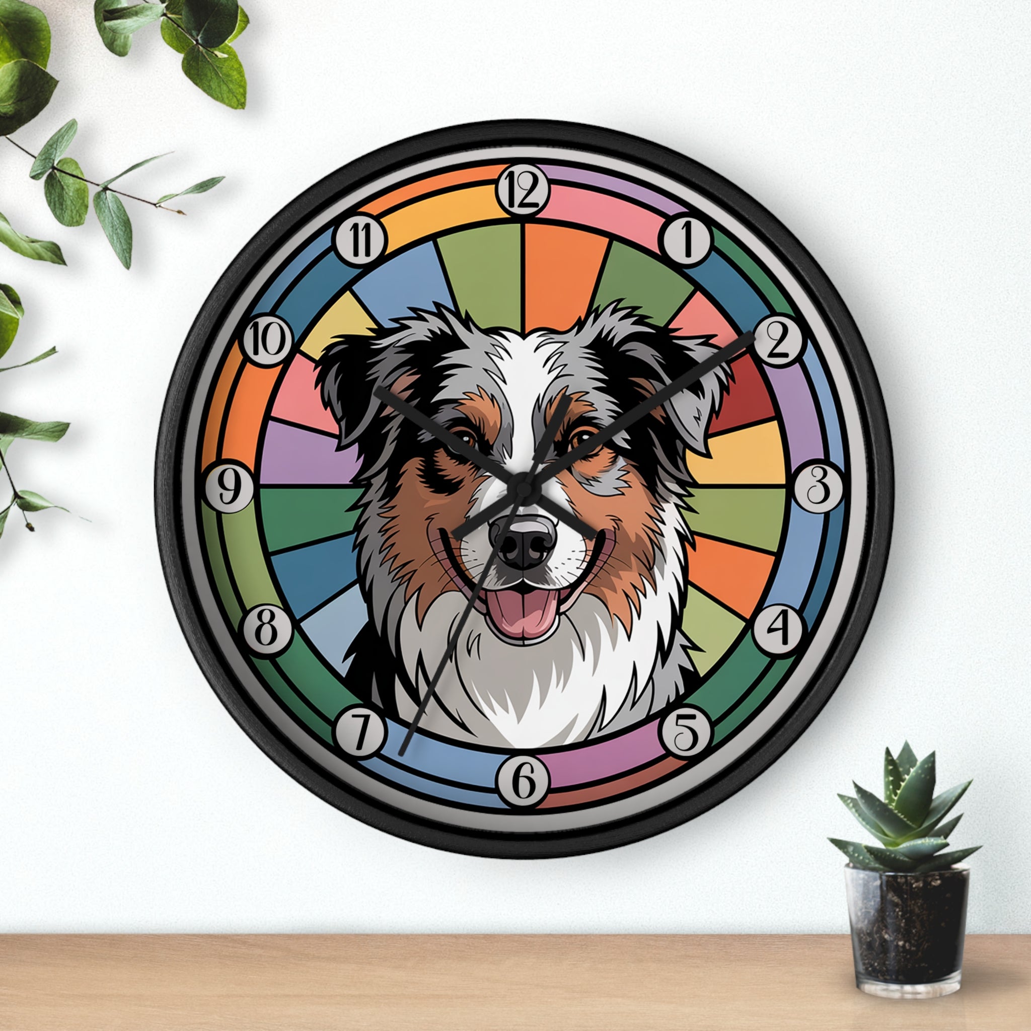 Round black wall clock with a dog's face design on a colorful circular background