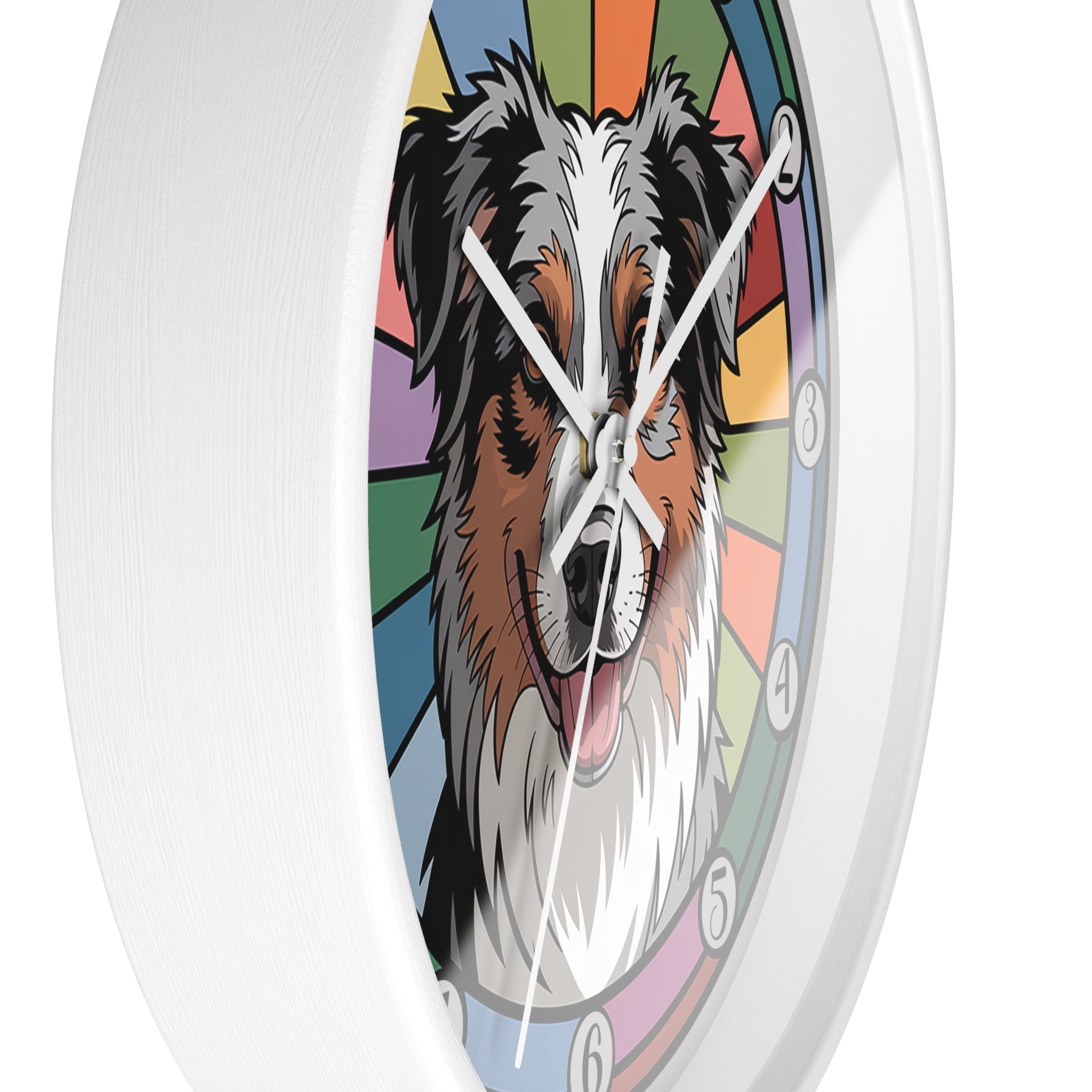 Side view of a round white wall clock with a colorful Australian Shepherd dog illustration on a white background