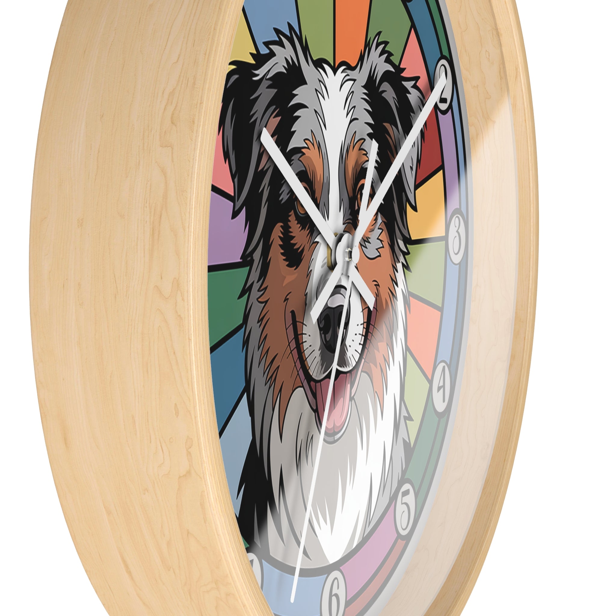 Wall clock with a colorful Australian shepherd dog illustration on a white background
