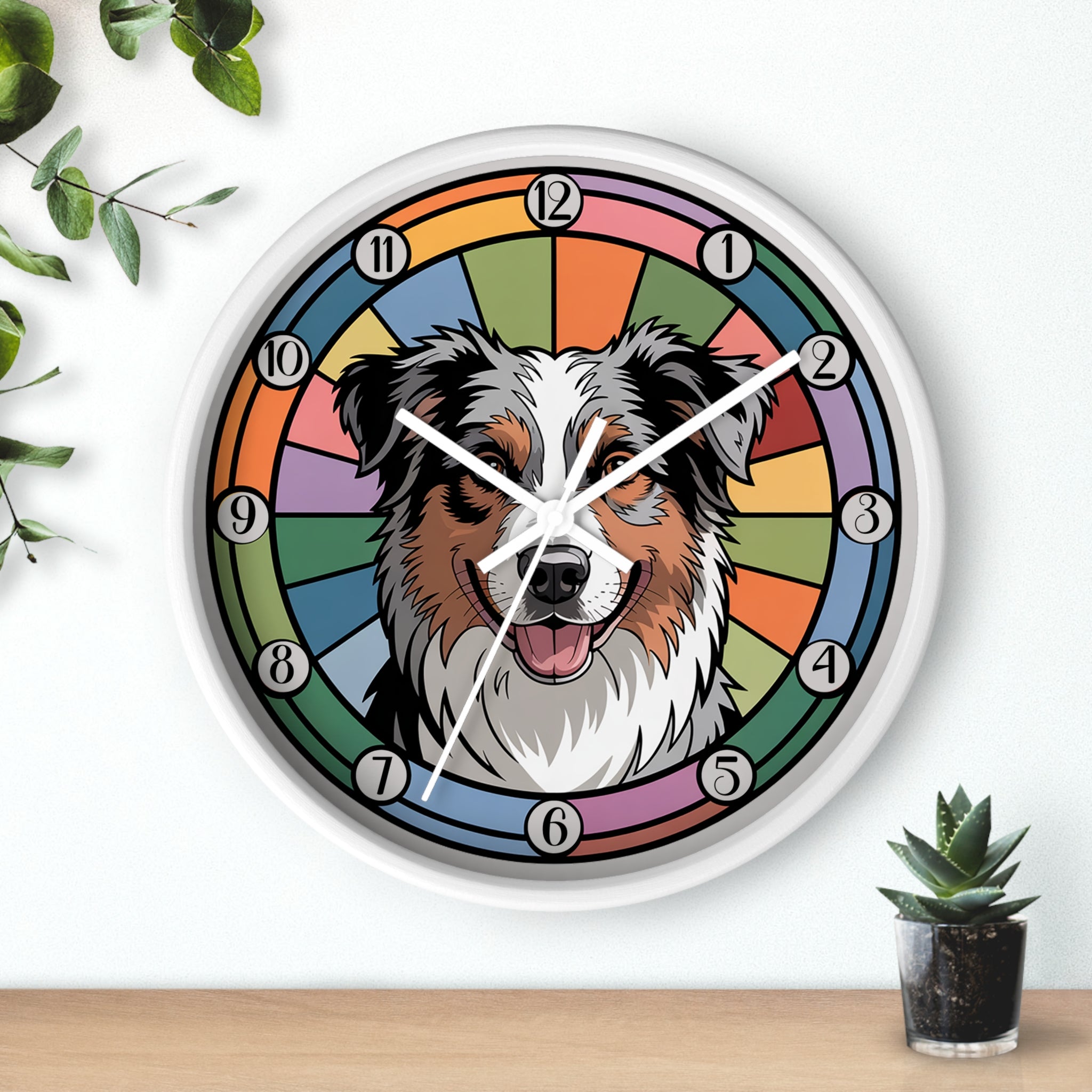 Round white wall clock with a dog's face design on a colorful circular background