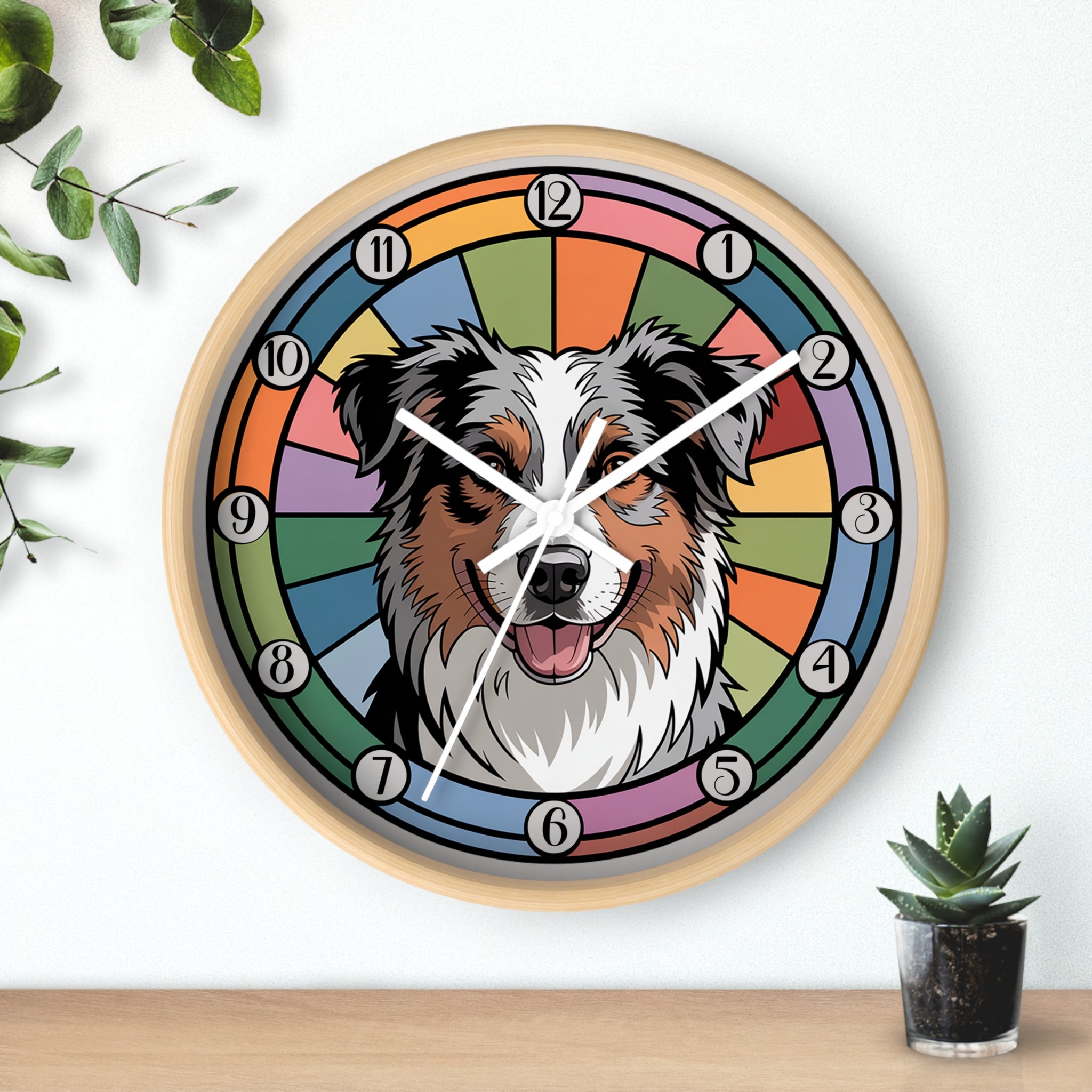 Natural Wood Wall clock with a dog's face design on a colorful background, placed on a wooden surface with a plant.