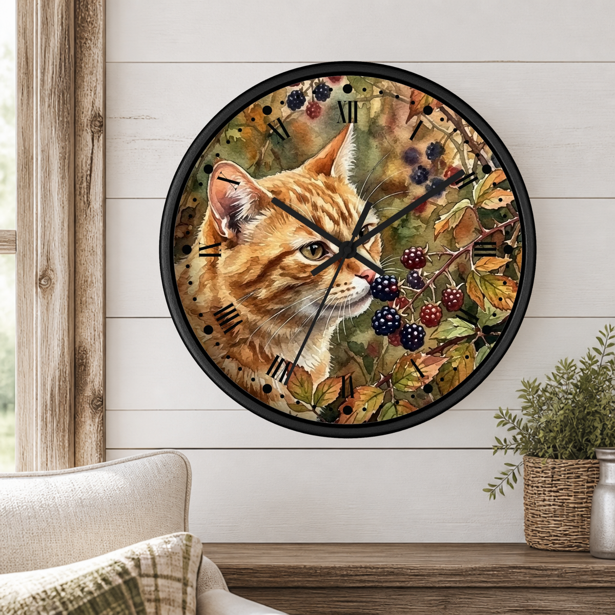 Autumn Ginger Cat Wall Clock — Watercolor Blackberry Garden Decor