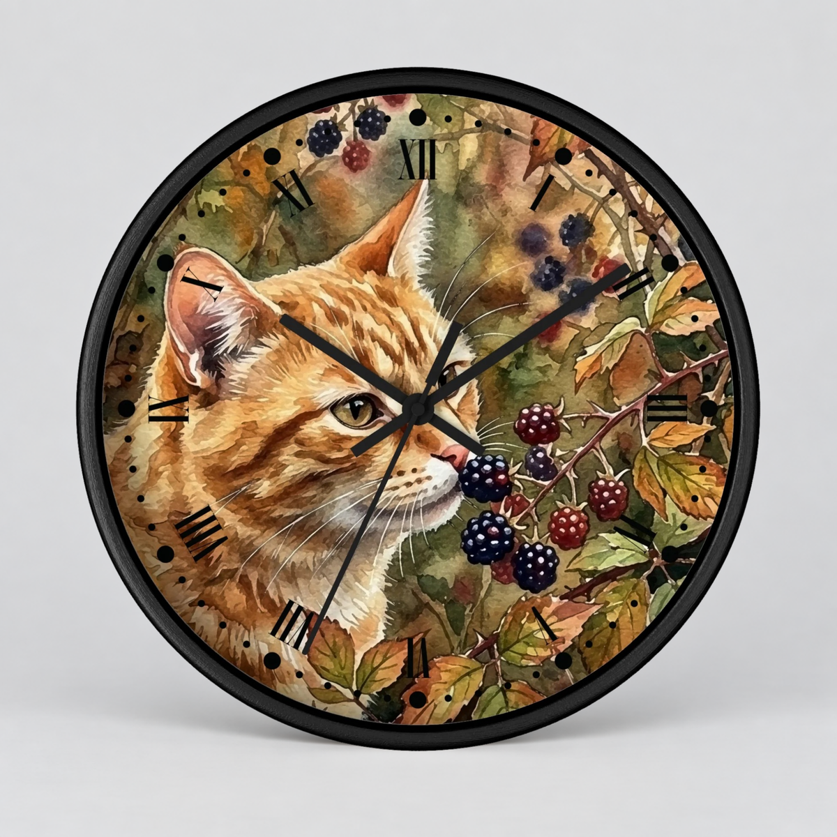 Autumn Ginger Cat Wall Clock — Watercolor Blackberry Garden Decor