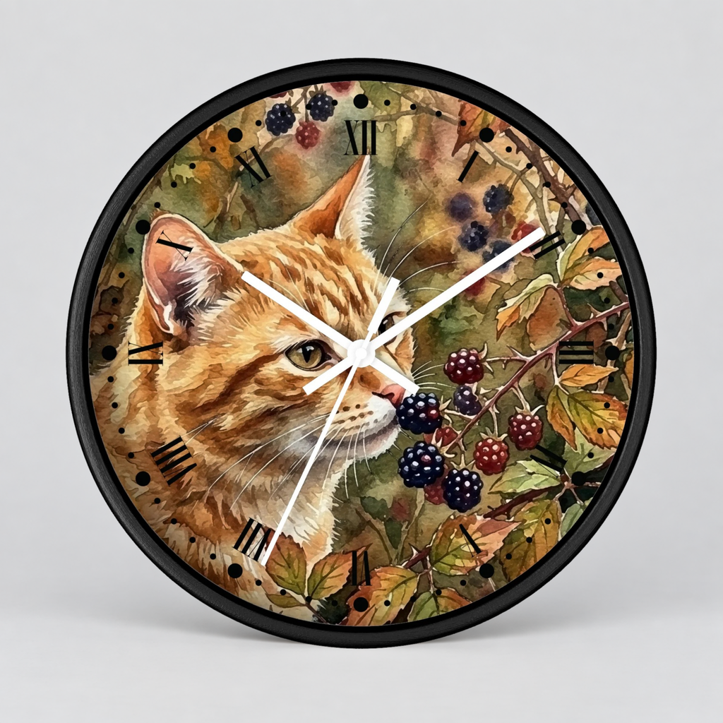 Autumn Ginger Cat Wall Clock — Watercolor Blackberry Garden Decor