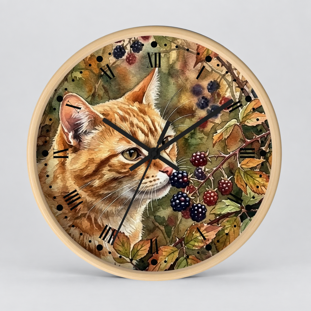 Autumn Ginger Cat Wall Clock — Watercolor Blackberry Garden Decor