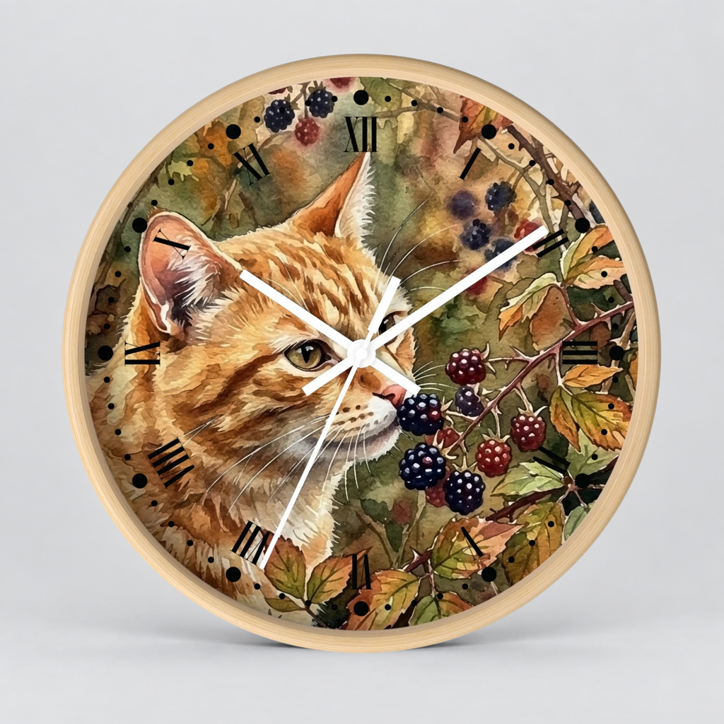 Autumn Ginger Cat Wall Clock — Watercolor Blackberry Garden Decor