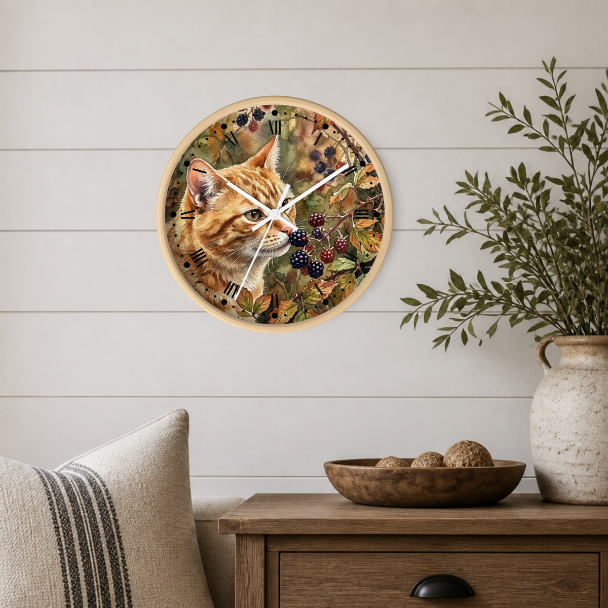 Autumn Ginger Cat Wall Clock — Watercolor Blackberry Garden Decor