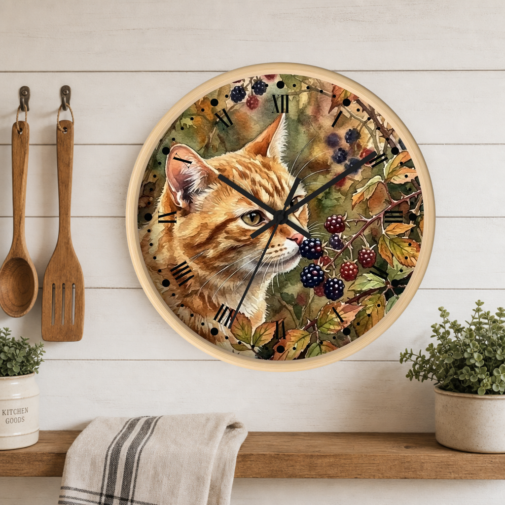 Autumn Ginger Cat Wall Clock — Watercolor Blackberry Garden Decor