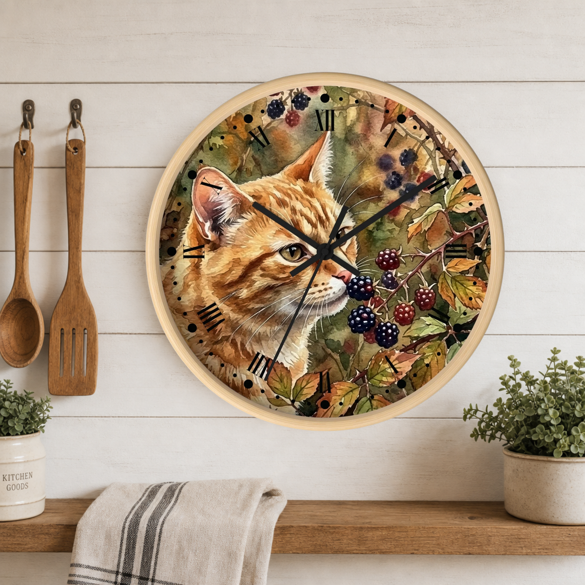 Autumn Ginger Cat Wall Clock — Watercolor Blackberry Garden Decor