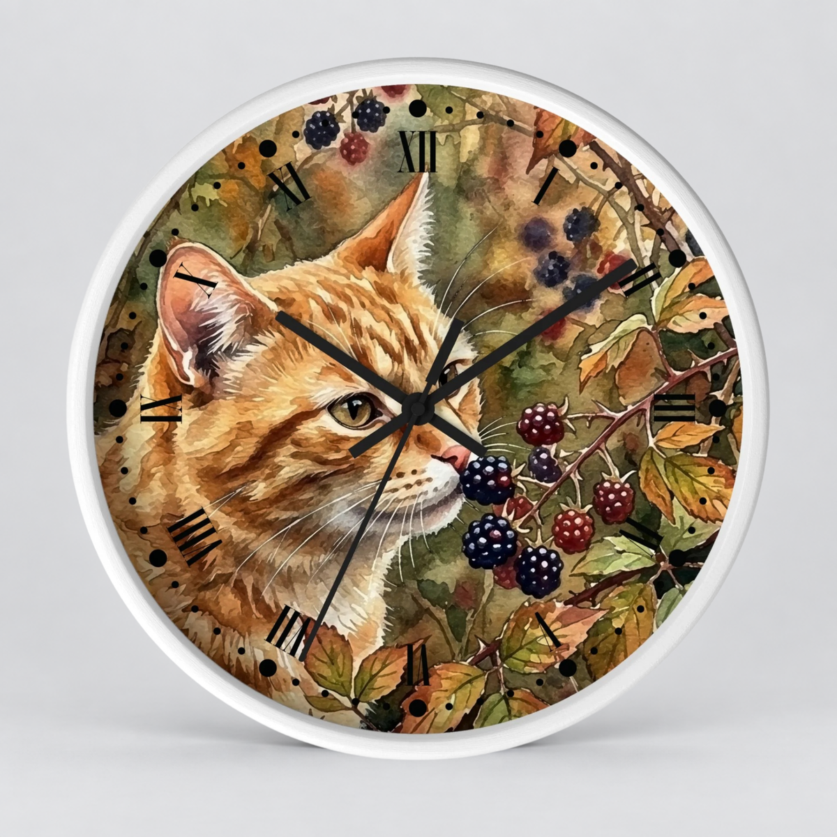 Autumn Ginger Cat Wall Clock — Watercolor Blackberry Garden Decor