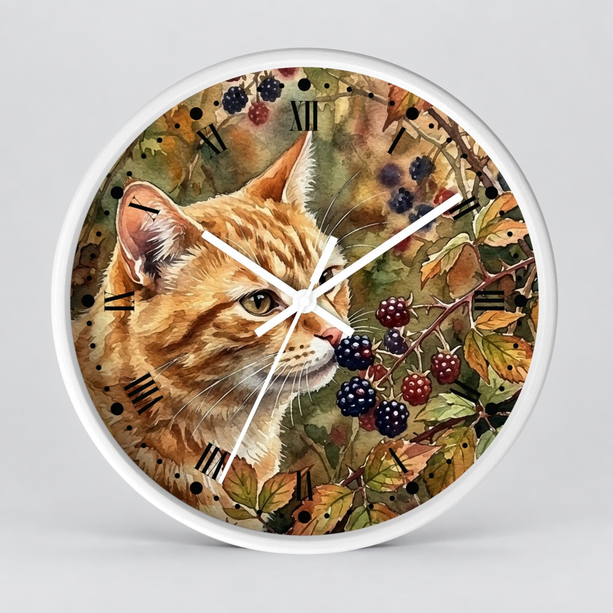 Autumn Ginger Cat Wall Clock — Watercolor Blackberry Garden Decor