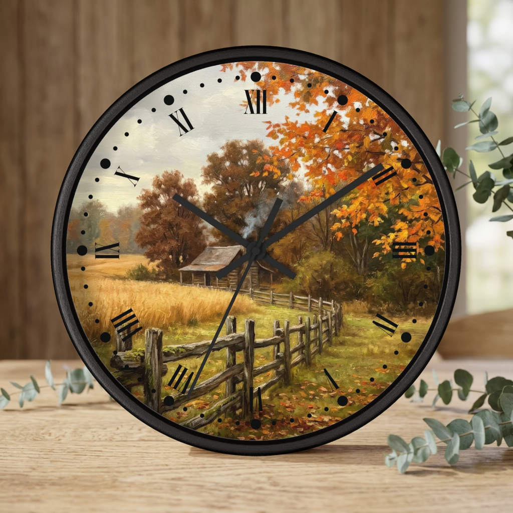 Round wall clock with a black frame and a scenic autumn landscape print featuring orange and yellow fall foliage, a rustic barn, and a wooden fence. The clock face has black Roman numerals and black hands, and it is styled on a wooden tabletop with eucalyptus leaves.