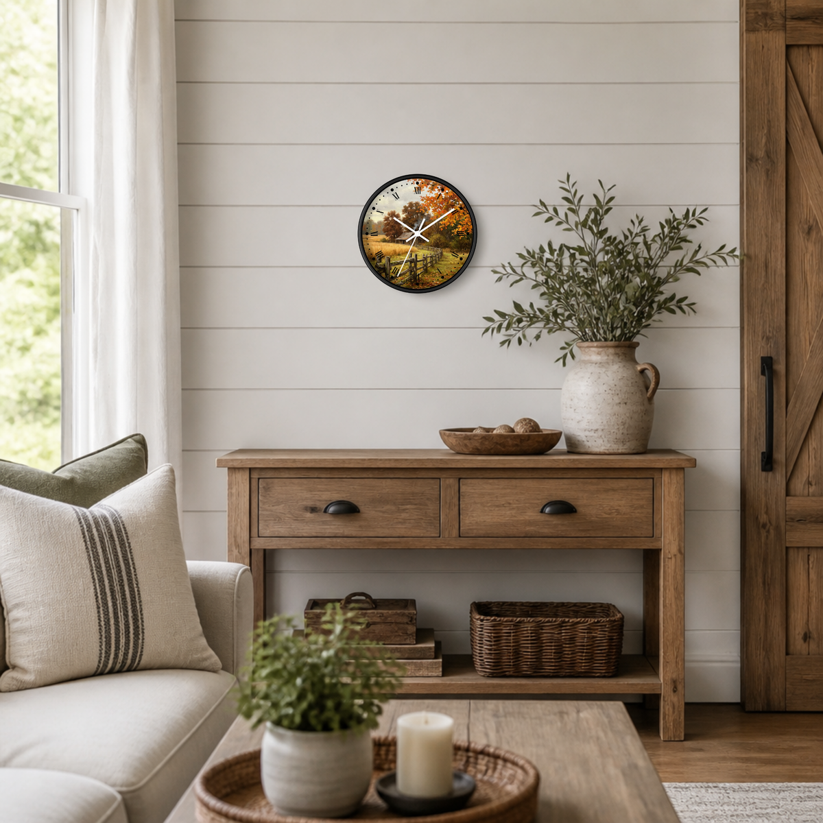 Autumn Countryside Farmhouse Cabin Wall Clock