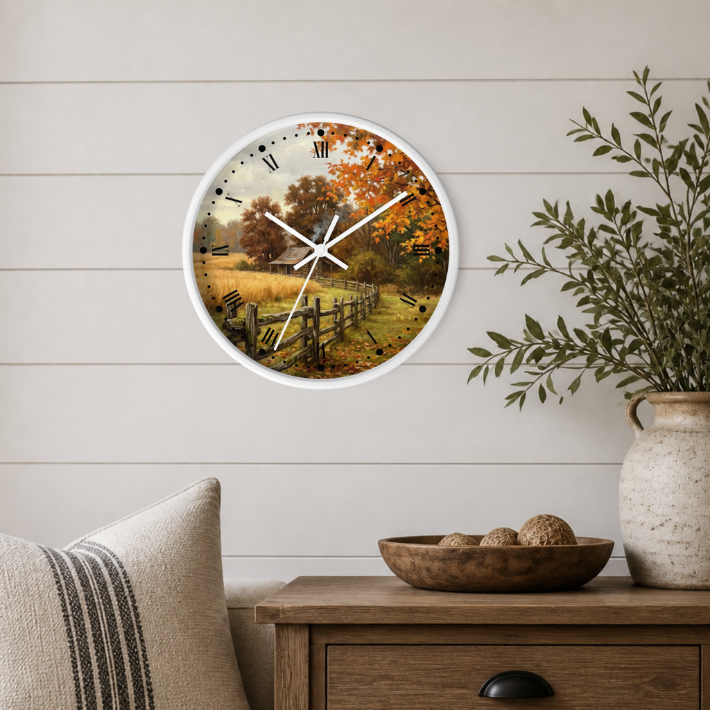 Autumn Countryside Farmhouse Cabin Wall Clock