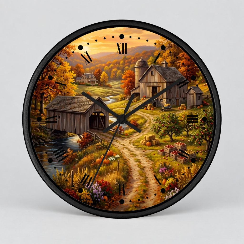 Round wall clock with a black frame and a detailed autumn farm landscape illustration on the face, featuring a covered bridge, barns, a dirt path, trees with fall foliage, and a stream. The clock has black Roman numerals and black hands on a light gray background.