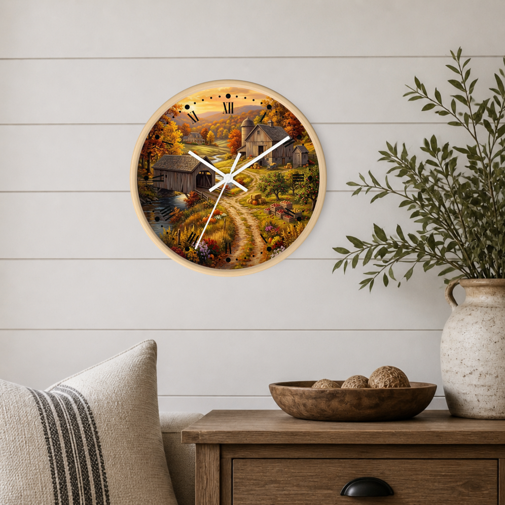 A round wall clock with a light wood frame hangs on a white shiplap wall above a wooden side table. The clock face features a detailed autumn country landscape illustration with a barn, fields, and a winding path.