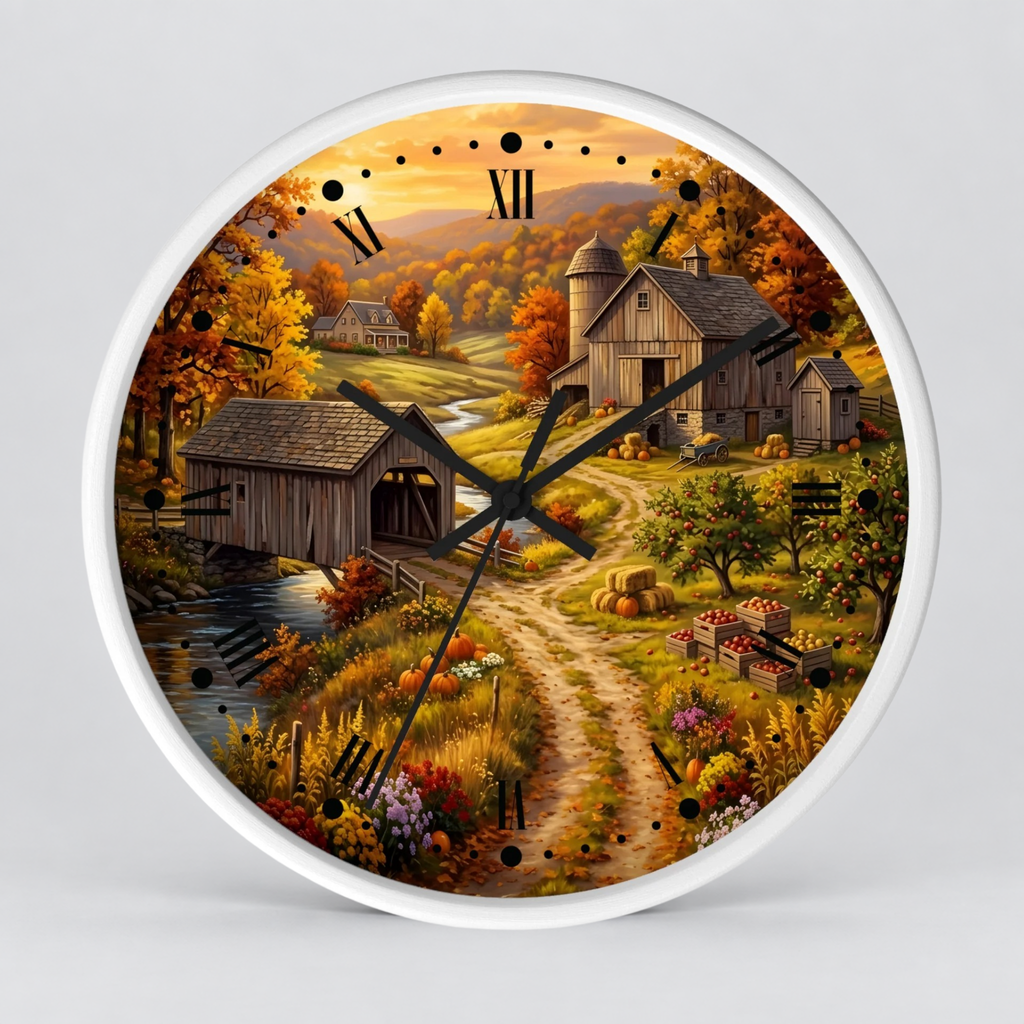 Round wall clock with a white frame and a detailed autumn farm landscape printed on the face, featuring a barn, bridge, field, creek, and path with Roman numerals instead of standard numbers.
