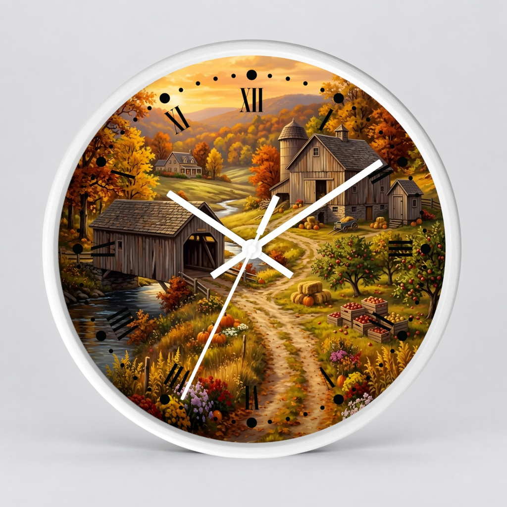 Round wall clock with a white frame and a printed autumn farm landscape design, featuring barns, a covered bridge, a dirt path, flowers, and Roman numeral hour markers on a light gray background.