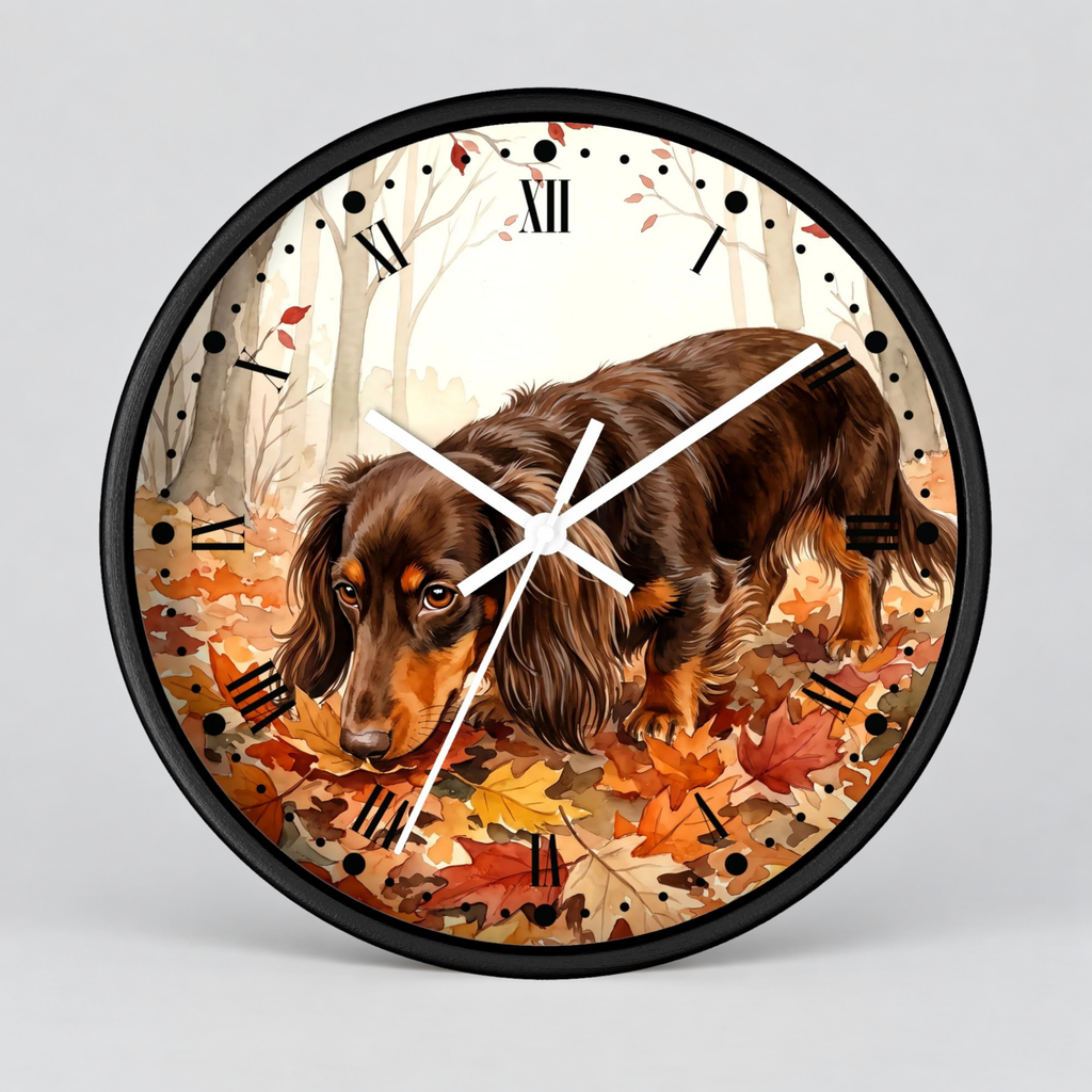 Round wall clock with a black frame and a printed illustration of a long-haired dachshund walking through autumn leaves in a wooded setting. The clock face includes black Roman numerals and white clock hands, shown on a light gray background.