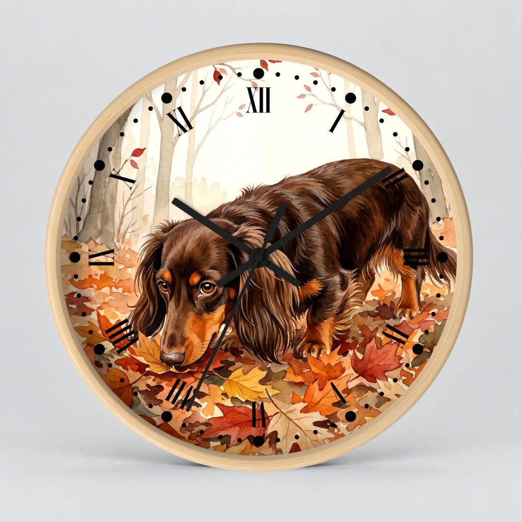 Round wall clock with a light wood frame and a printed illustration of a long-haired dachshund walking through autumn leaves in a forest. The clock face features black Roman numerals and black hands on a light gray background.