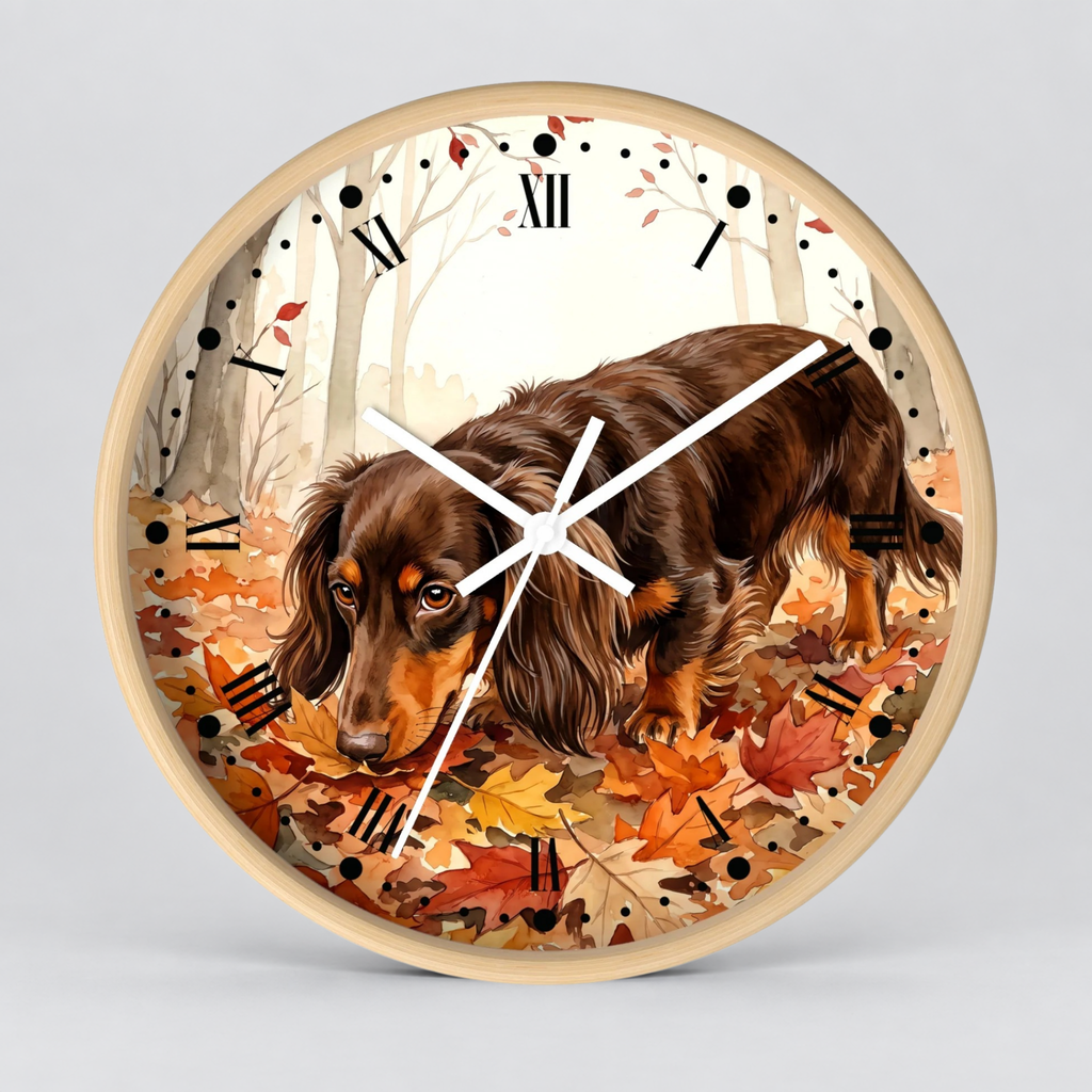 Round wall clock with a dachshund illustration walking through autumn leaves, set in a light wood frame against a neutral gray background.