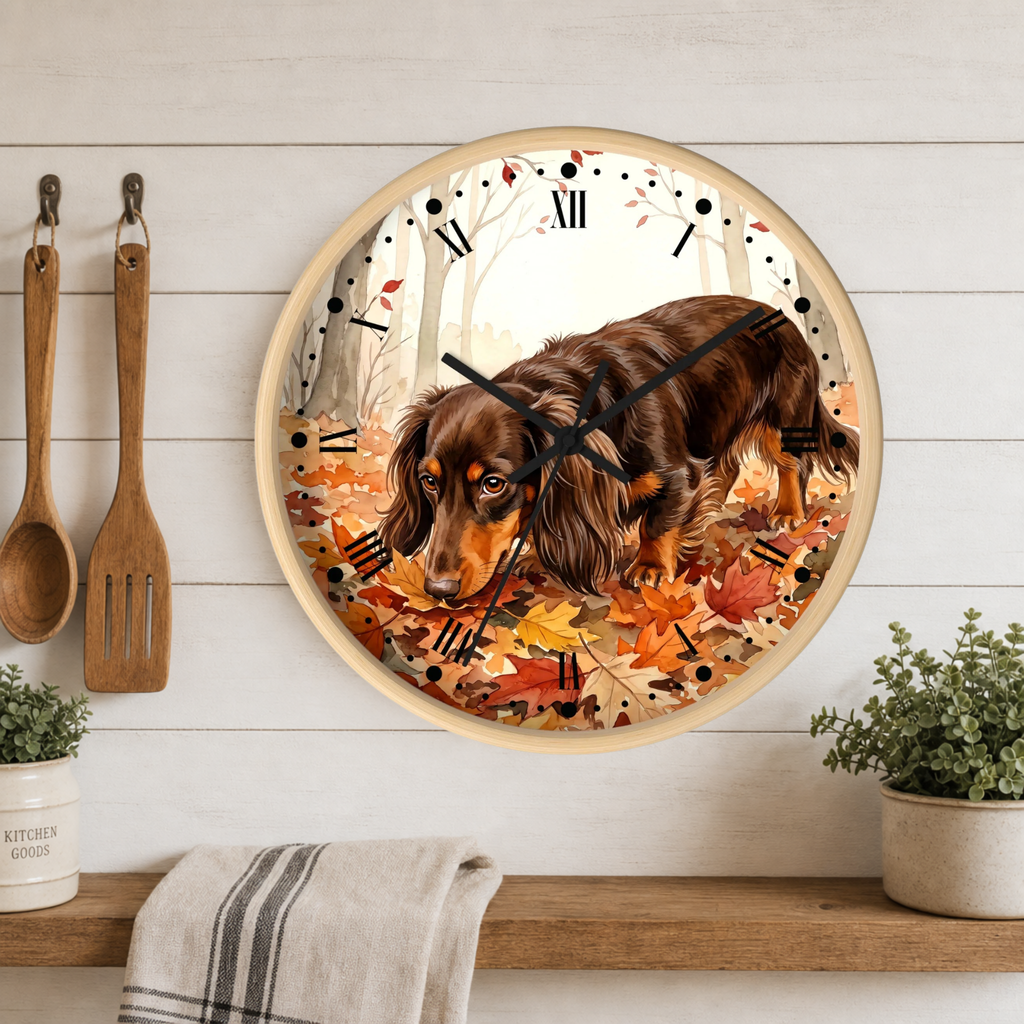 Round wall clock with a light wood frame featuring a long-haired dachshund walking through orange and yellow autumn leaves in a forest scene. The clock is mounted on a white wood-paneled kitchen wall above a wooden shelf with a towel, hanging utensils, and small potted plants.