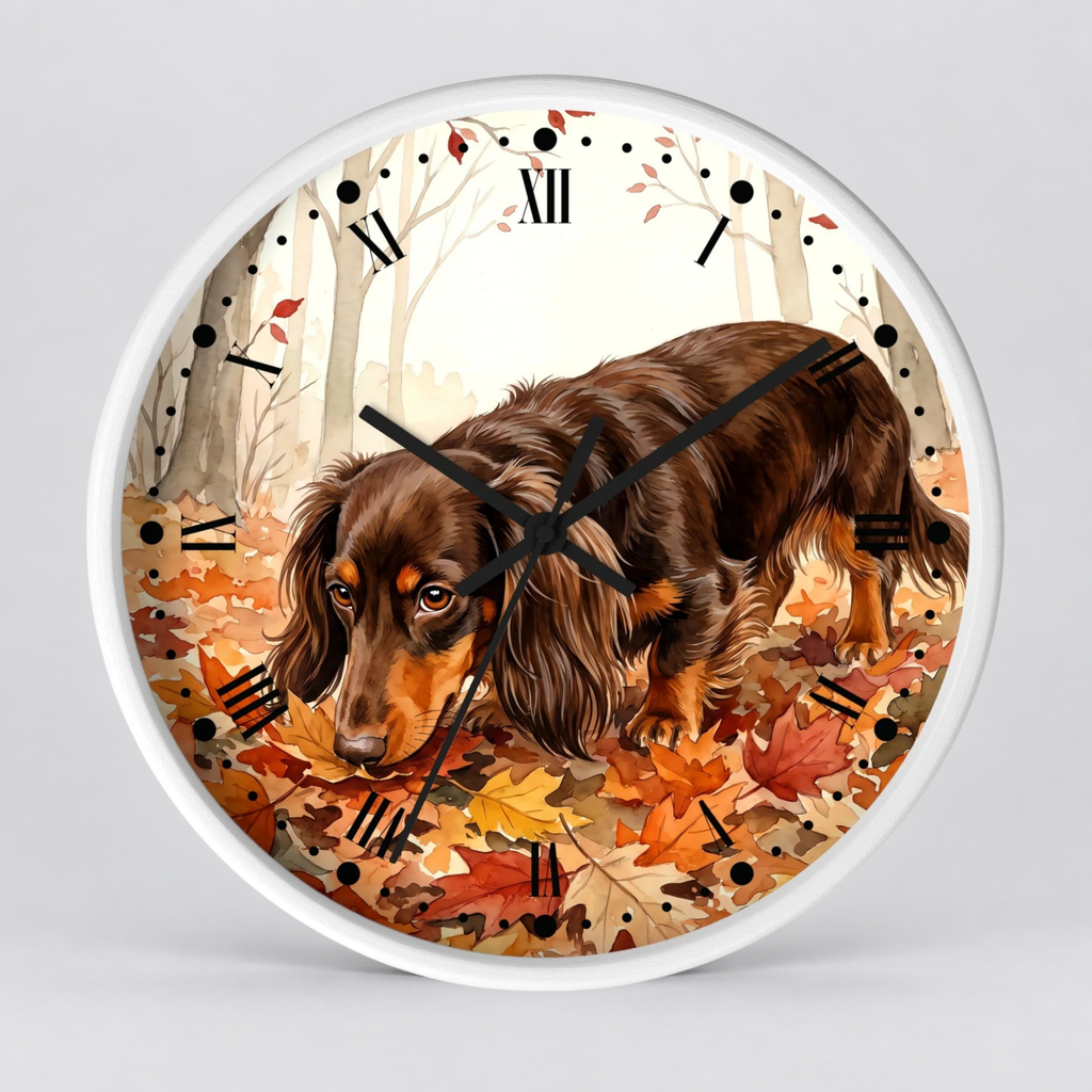 Round wall clock with a white frame and a printed illustration of a long-haired dachshund walking through autumn leaves in a wooded setting. The clock face has black Roman numerals and black clock hands, shown against a light gray background.
