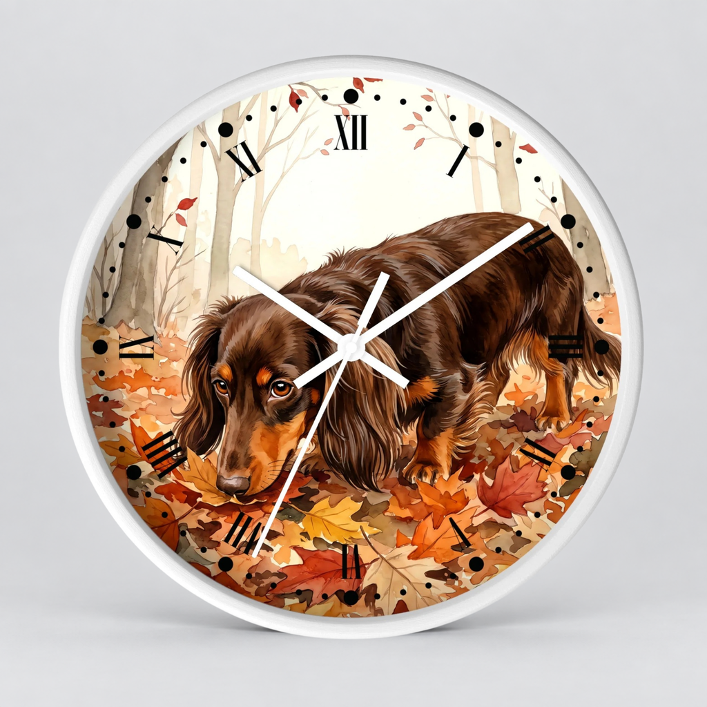 Round wall clock with a white frame and a printed illustration of a long-haired dachshund walking through autumn leaves in a wooded setting. The clock face includes Roman numerals and white hands on a light gray background.