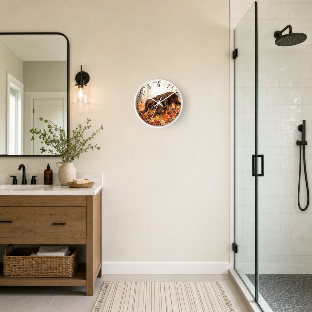 A round wall clock with a dachshund dog design hangs on a beige wall in a modern bathroom setting next to a wooden vanity and a glass shower door.