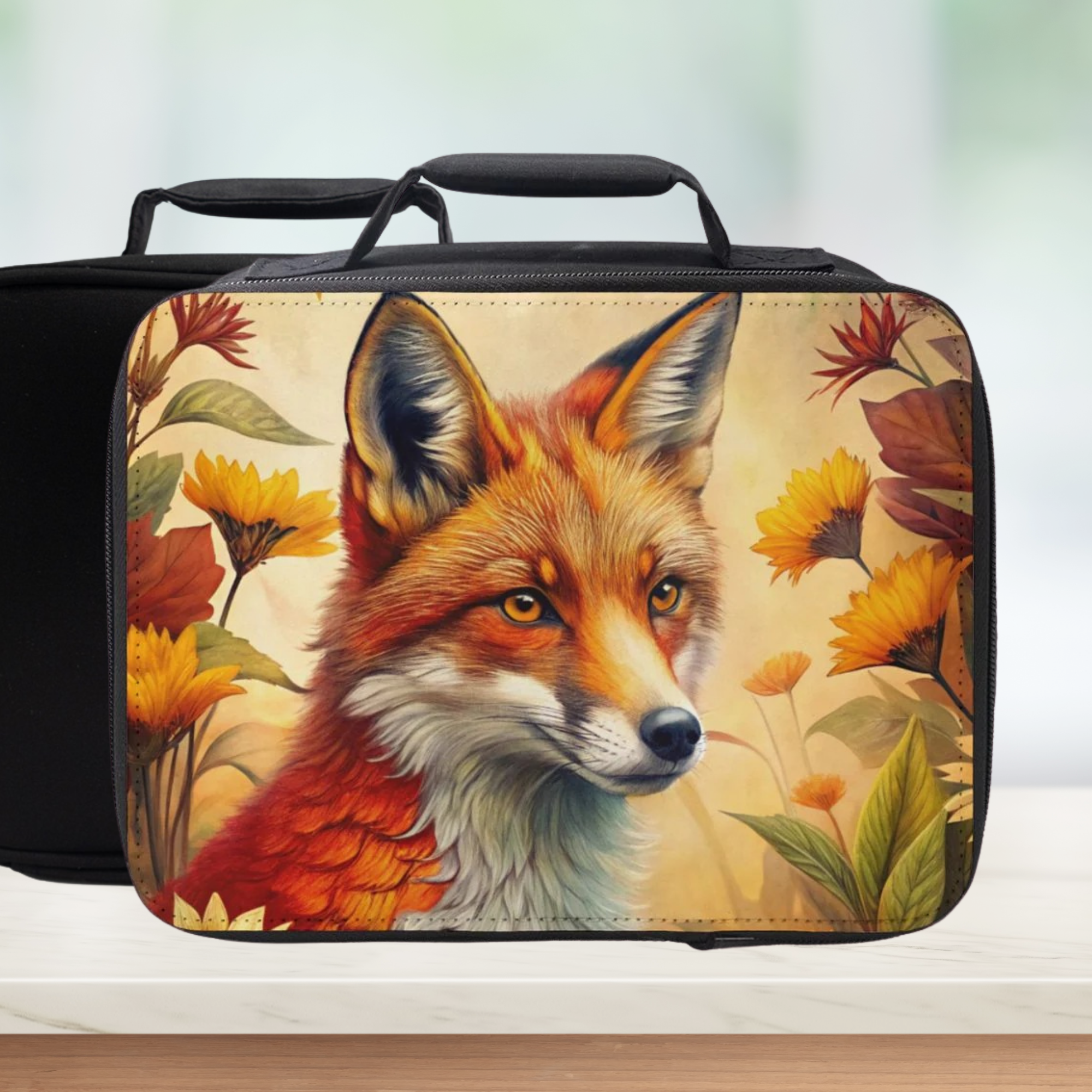  insulated lunch bag with a fox and floral design on a white background