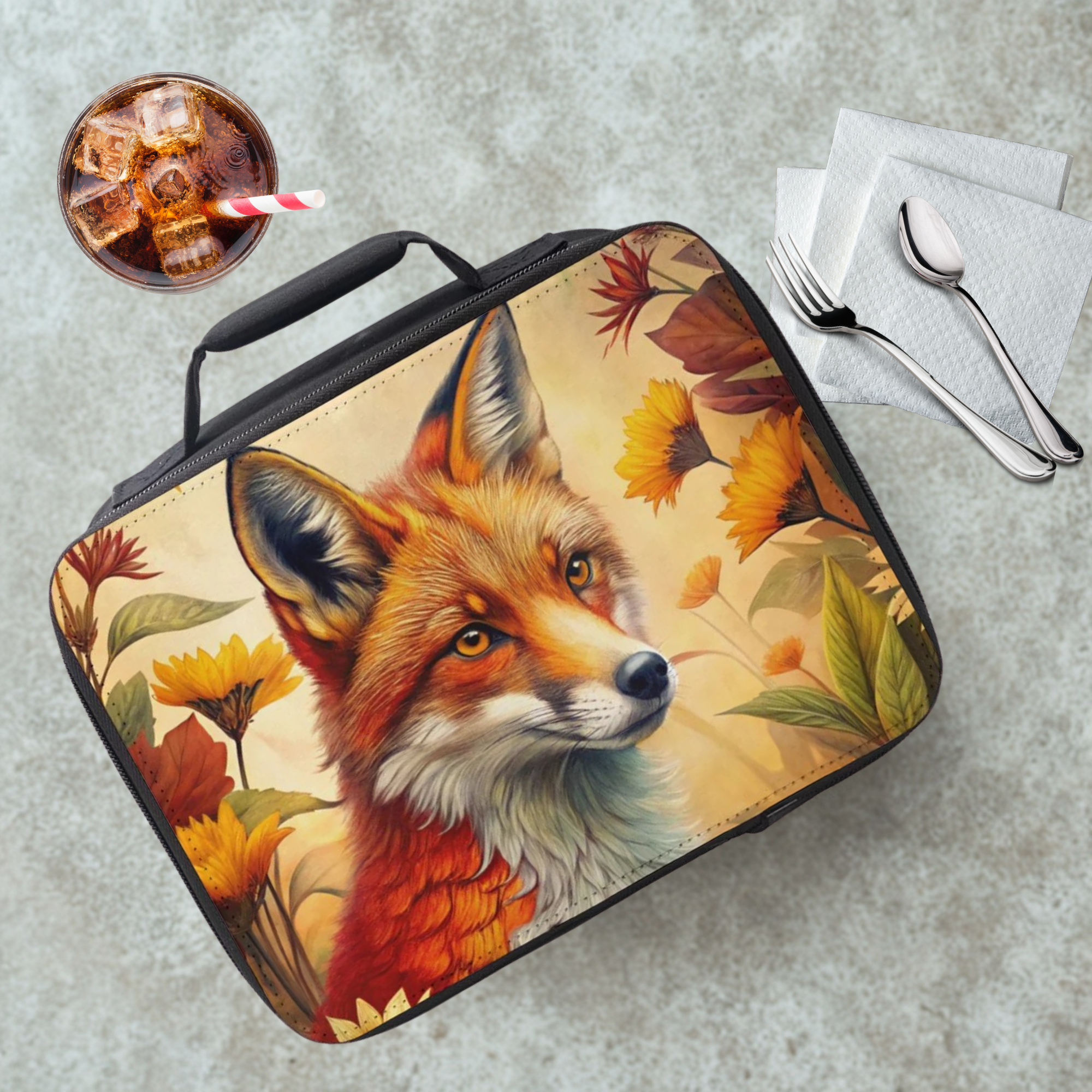 Lunch bag with a fox design on a concrete surface with a drink and utensils.